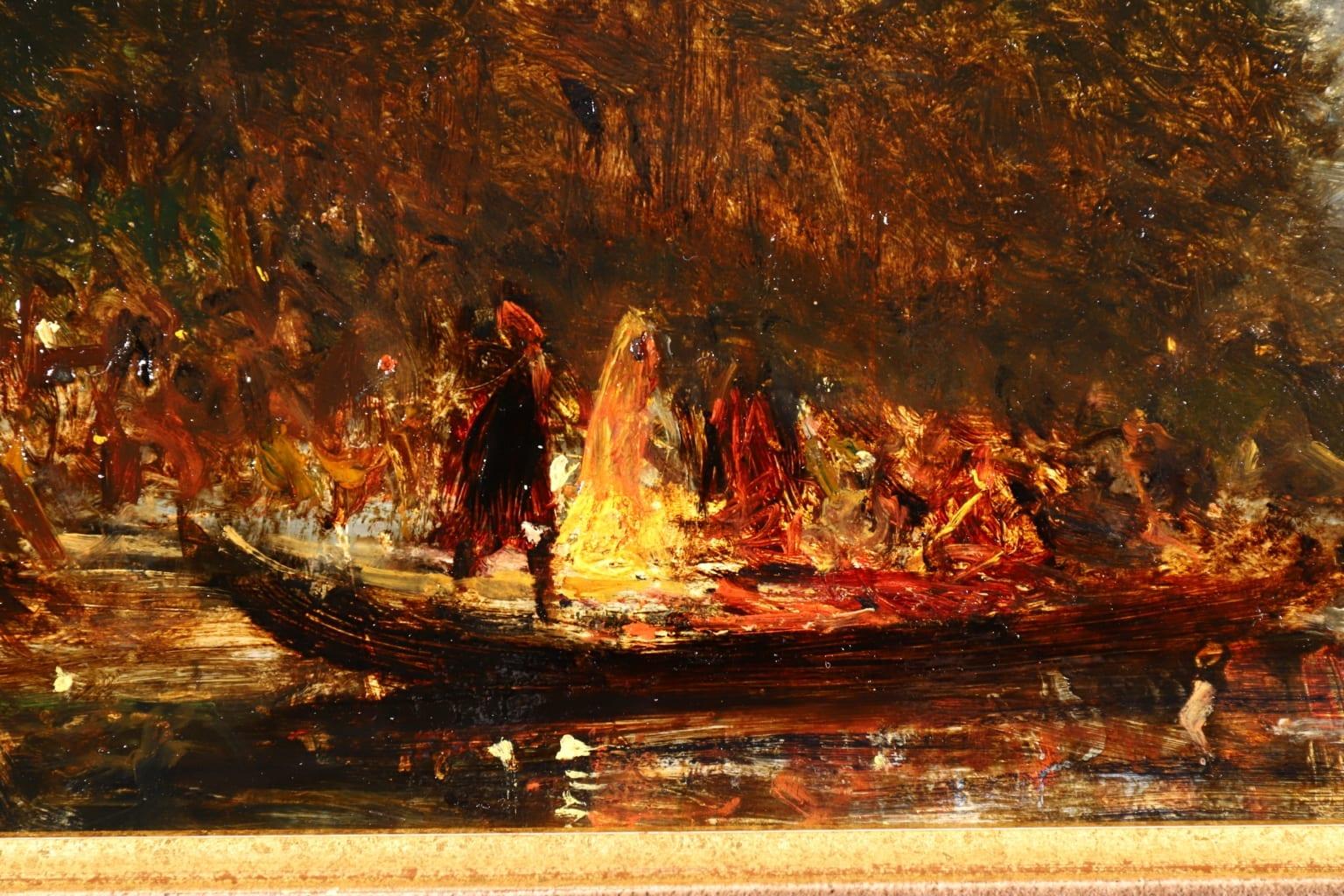 Party Night - Impressionist Oil, Figures on a Boat River Landscape by Felix Ziem 3