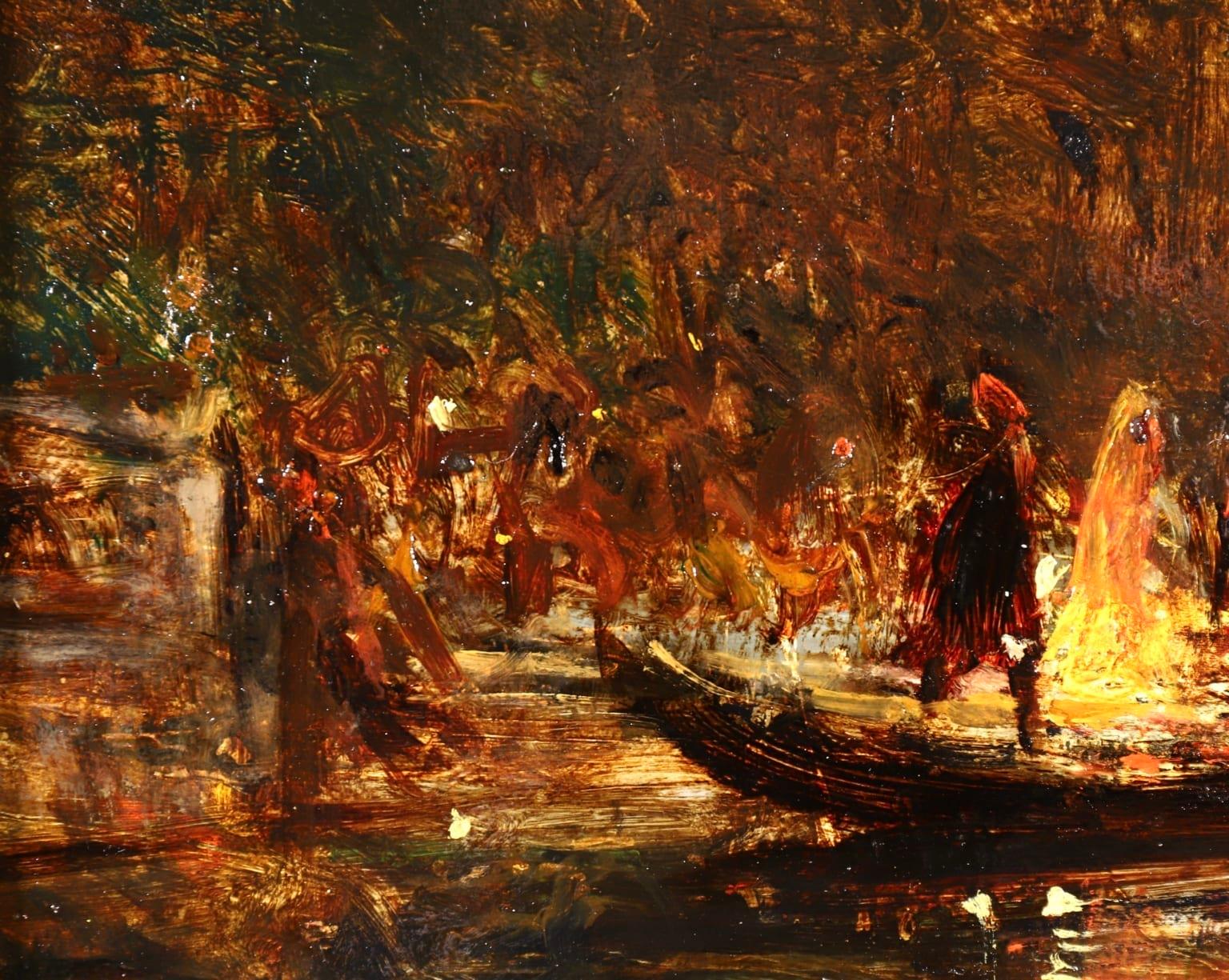 Party Night - Impressionist Oil, Figures on a Boat River Landscape by Felix Ziem 4