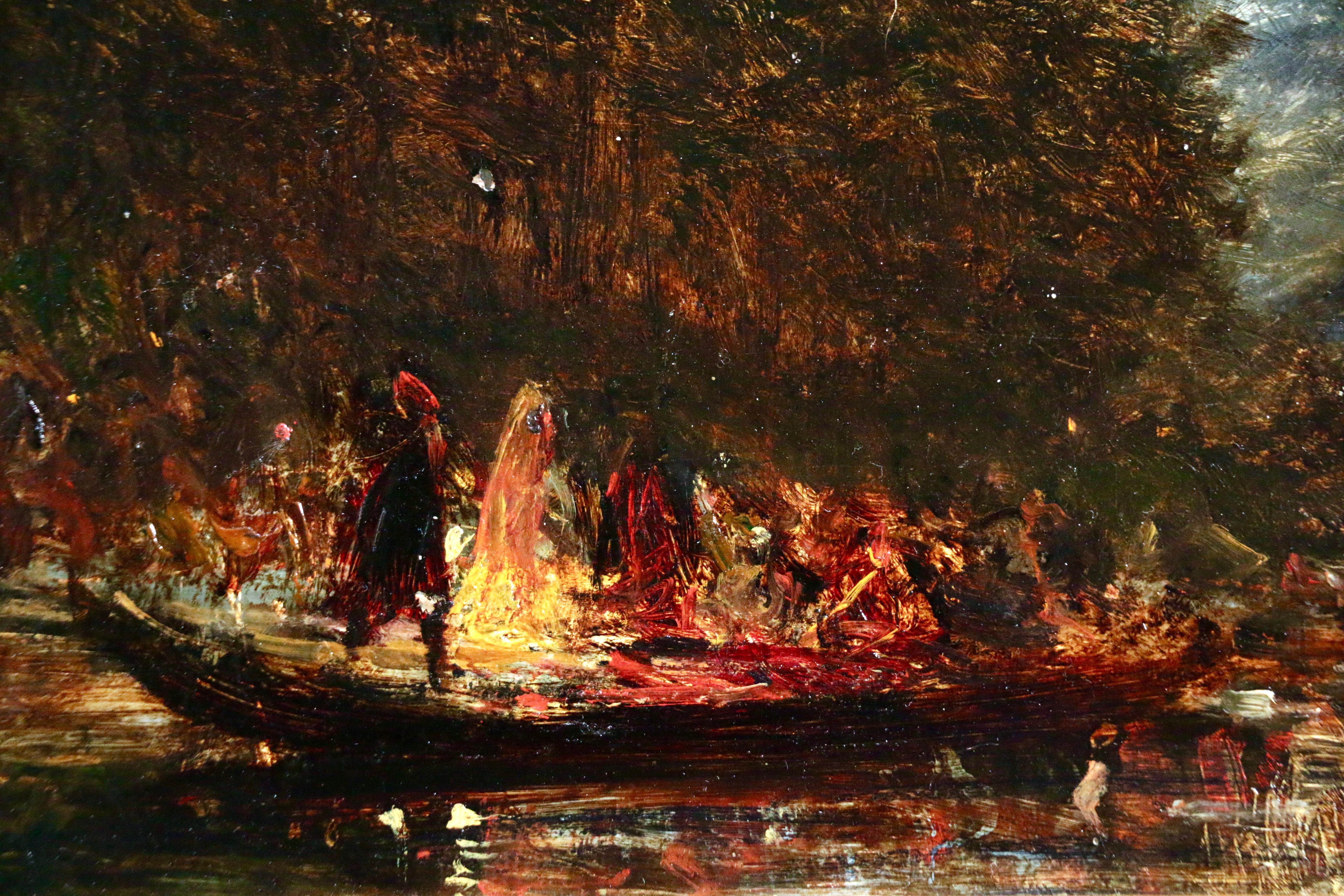 A fascinating 19th century oil on panel circa 1870 by Felix Ziem. An extraordinary and intense image of a group enjoying the Soir de fête (party night), this piece is an exceptional example of the artist’s work. Stamped twice with the cachet of the