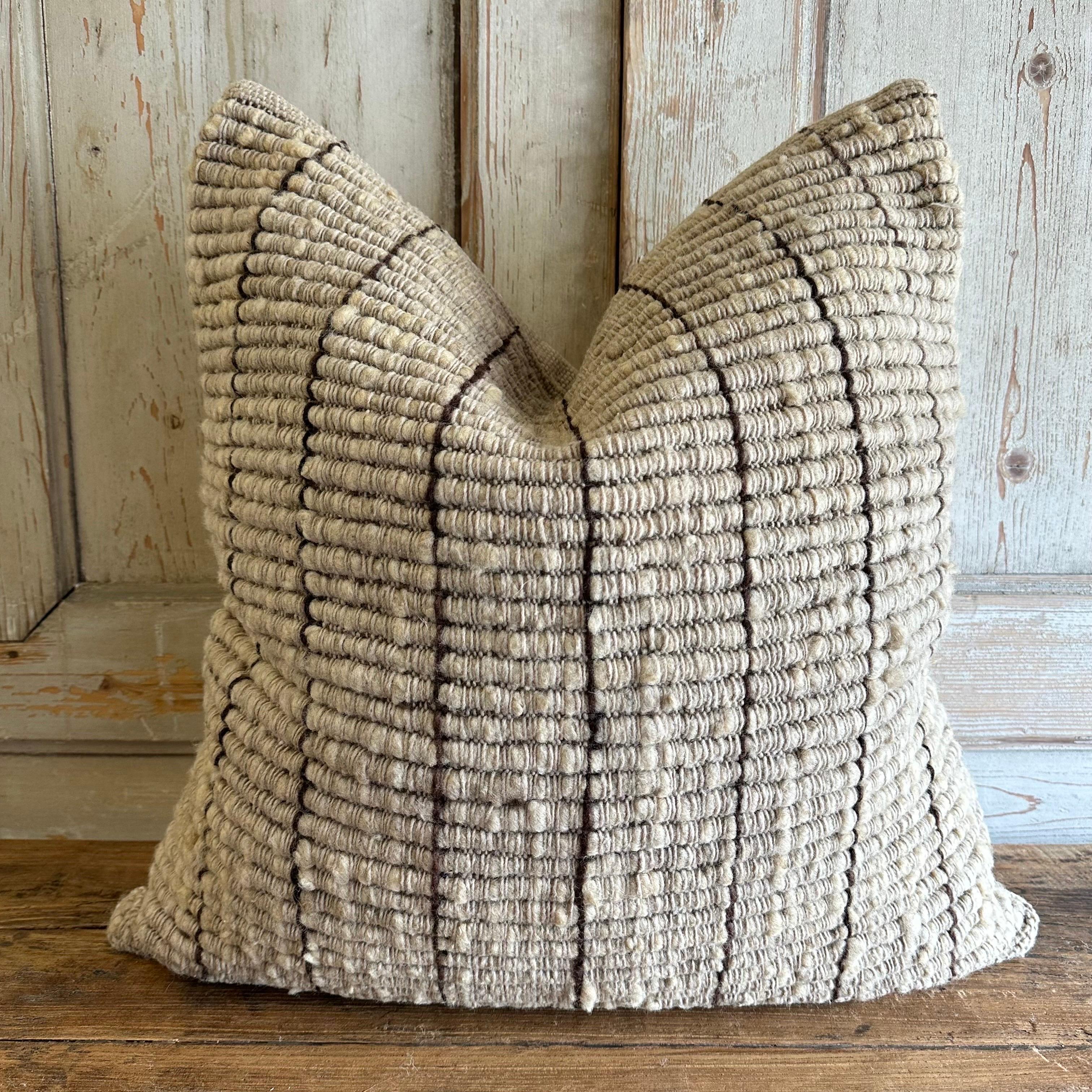 Feliz Handmade Organic Wool Pillow with Heavy Texture Brown Lines For Sale 1
