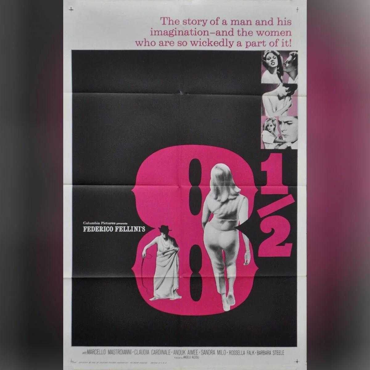 Fellini 8½ / Otto e mezzo (1963)
Foglio unico originale USA (27 X 41 pollici)

Il classico semi-autobiografico di Fellini. Un regista tormentato si ritira nei suoi ricordi e nelle sue fantasie.

Si tratta di una locandina originale prodotta dallo