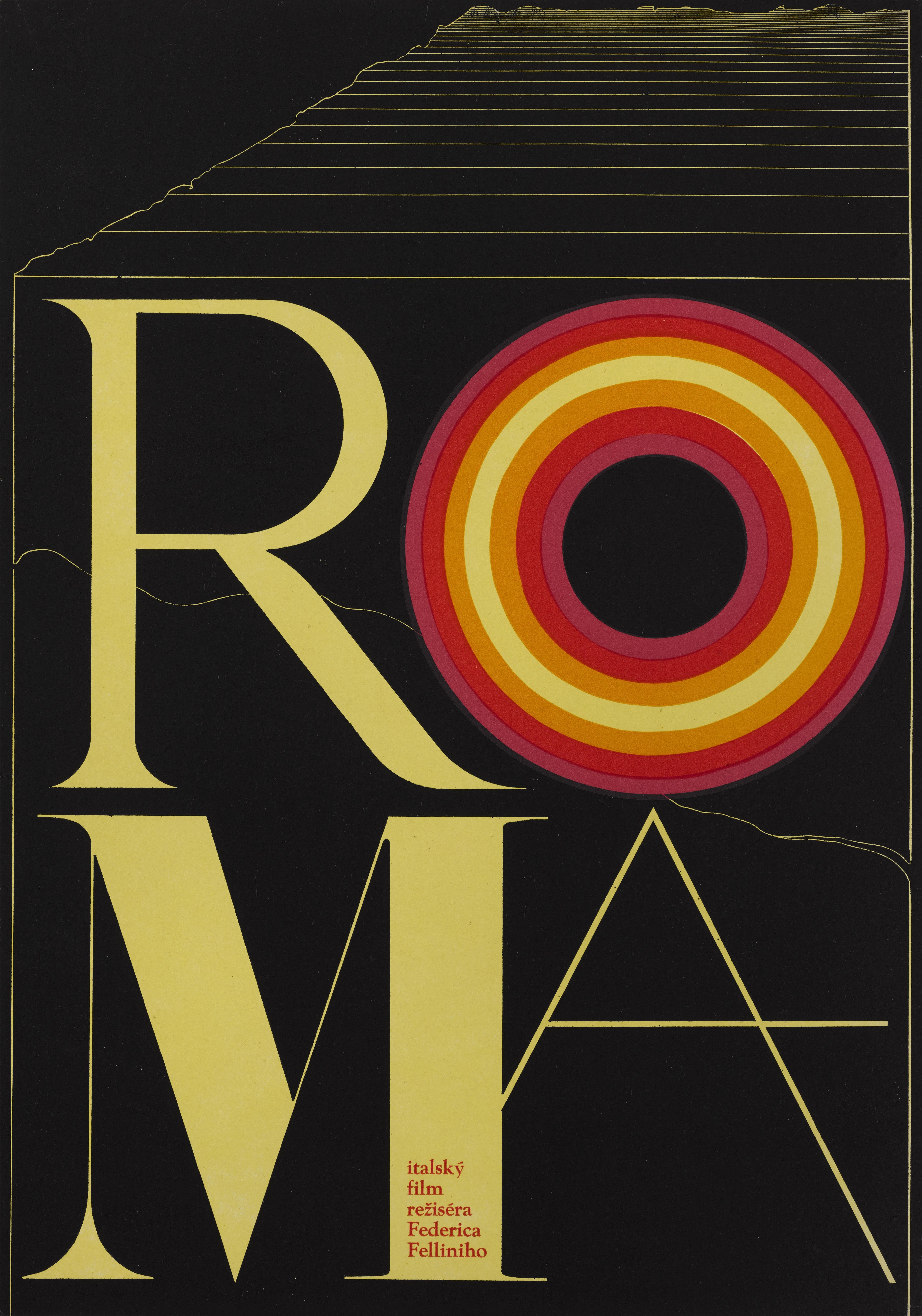 Original Czechoslovakian film poster for 1972 film Fellini's Roma.
The film was directed by Federico Fellini's and starred Britta Barnes, Peter Gonzales, Fiona Florence
This extremely cool poster was designed by the Zdenek Ziegler (b.1932)
This