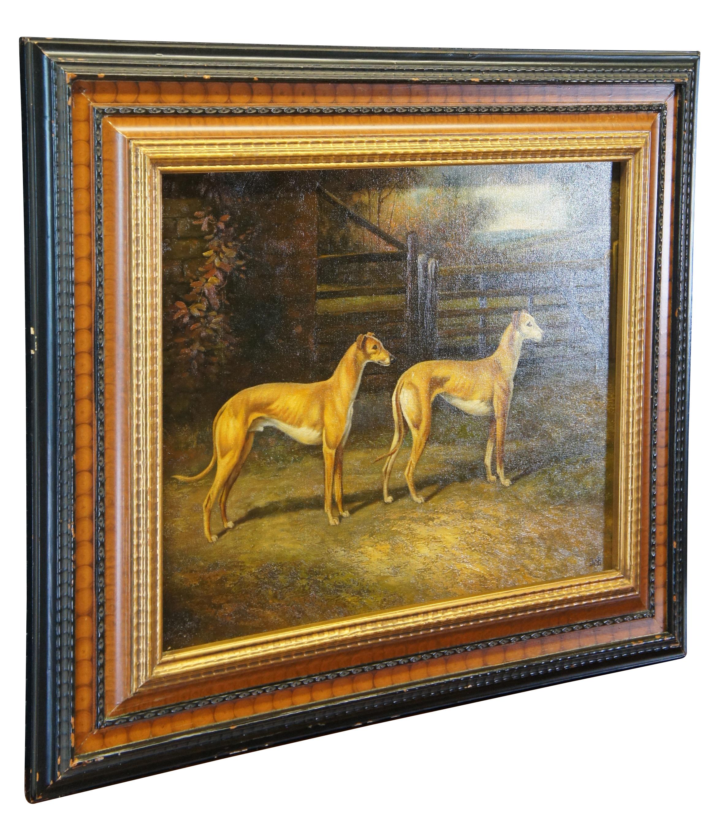 Late 20th century painting titled Fellow from Wales and Silvery Sand, After Heywood Hardy.  Features two Greyhounds set within a country landscape with a fence and trees in the background.  Signed BOB lower right. Framed in ornate