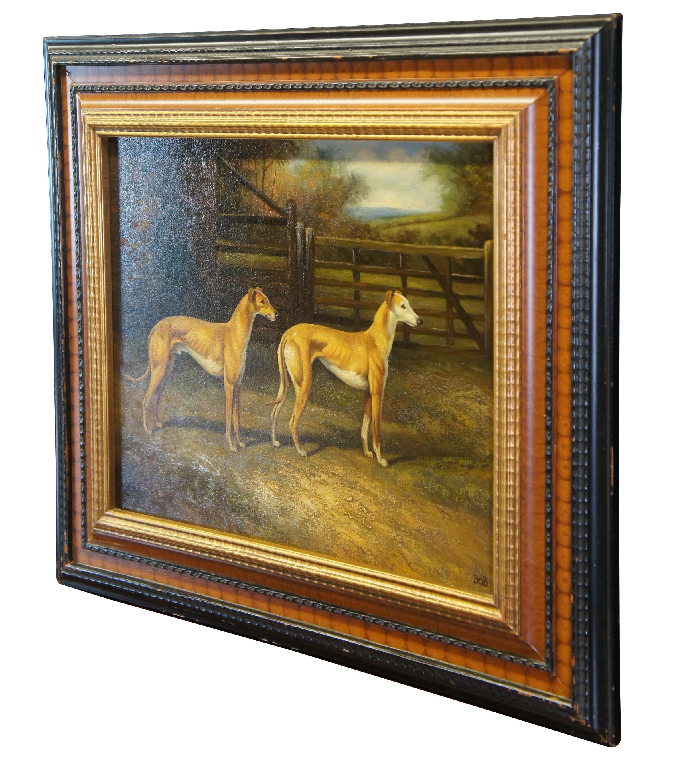 Fellow from Wales and Silvery Sand, Greyhounds After Heywood Hardy Oil Painting In Good Condition For Sale In Dayton, OH
