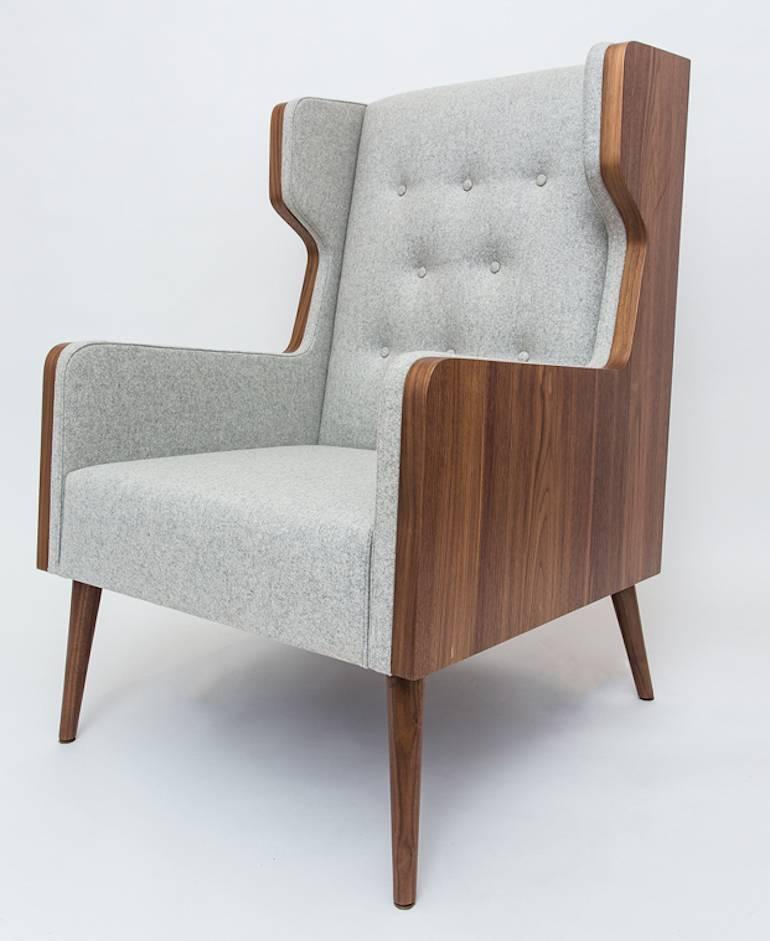 Contemporary Felt Chair Armchair in American Walnut and Green Felt For Sale