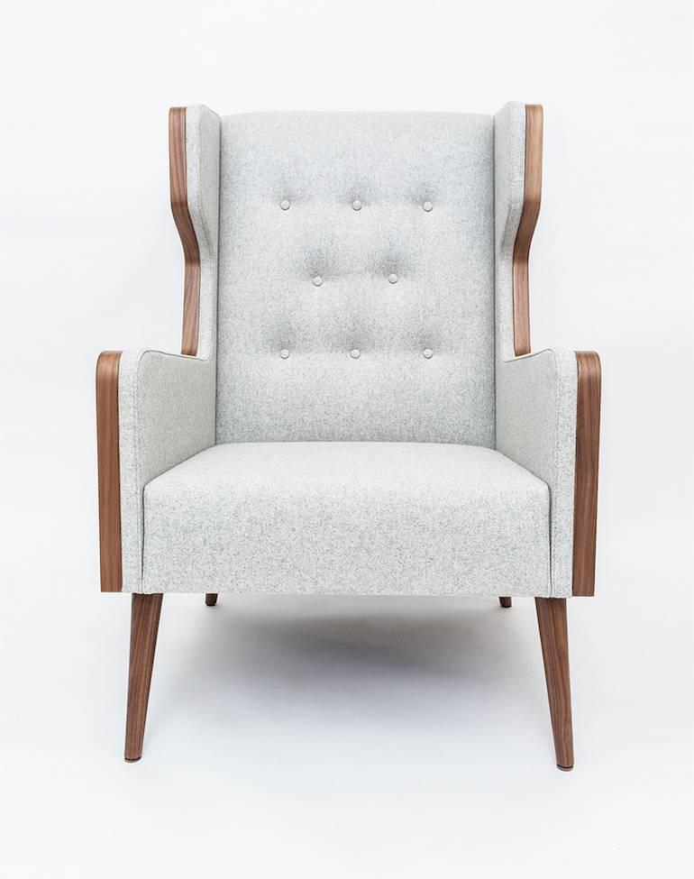 Felt Chair Armchair in American Walnut and Green Felt For Sale 1
