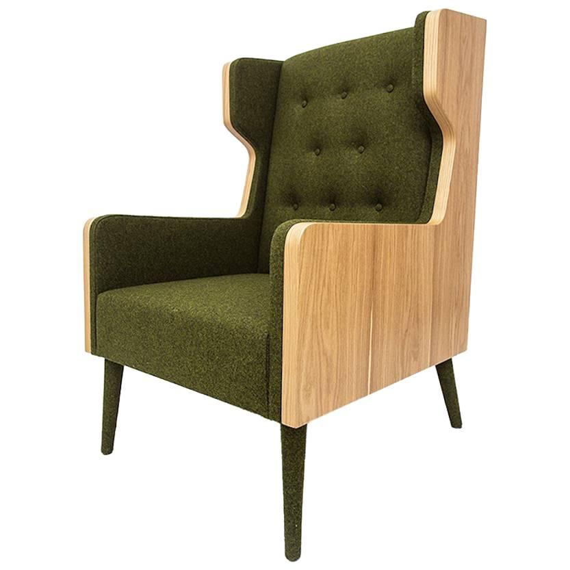 Felt Chair Armchair in American Walnut and Green Felt For Sale