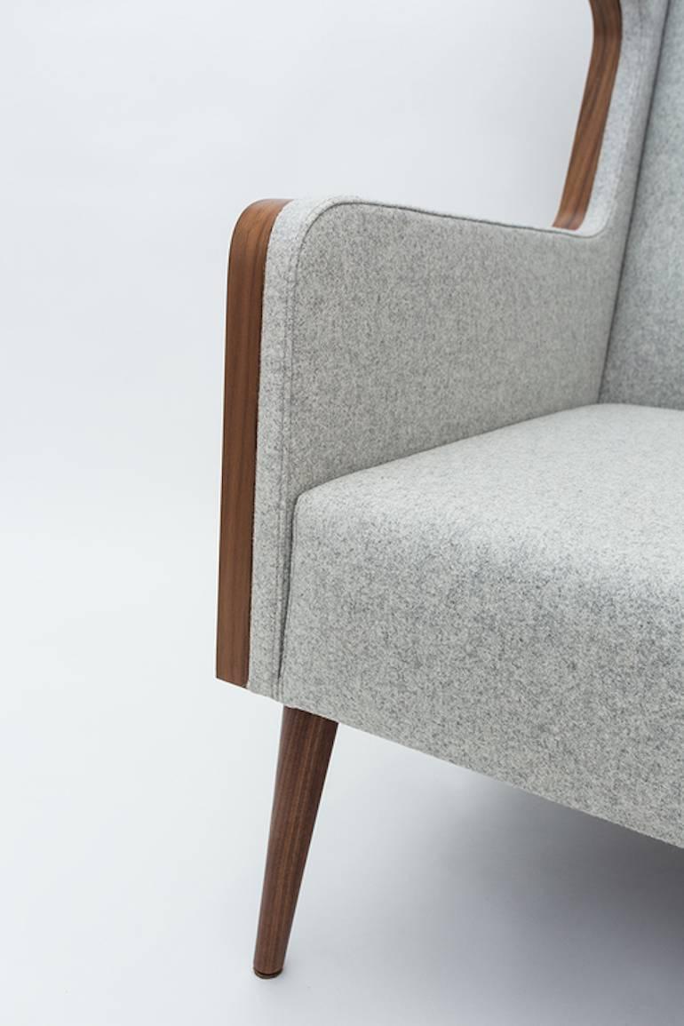 Art Deco Felt Chair Armchair in American Walnut and Grey Felt For Sale