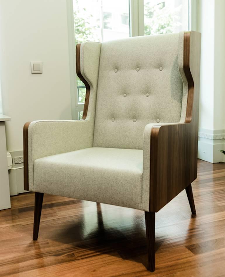 Veneer Felt Chair Armchair in American Walnut and Grey Felt For Sale