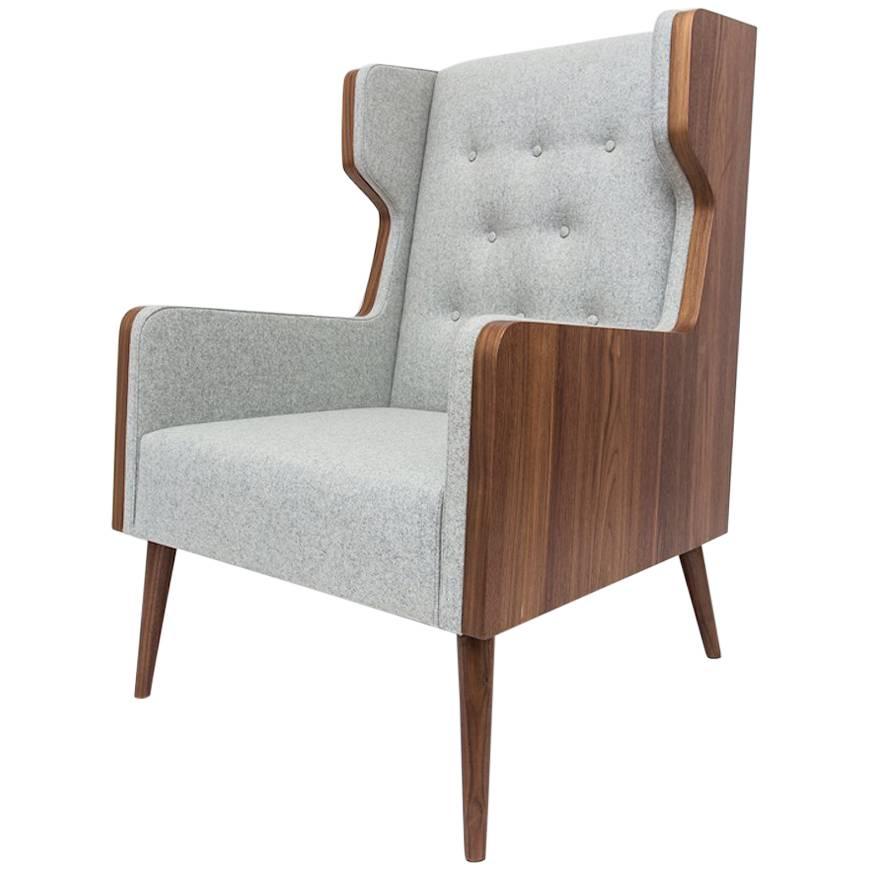 Felt Chair Armchair in American Walnut and Grey Felt For Sale