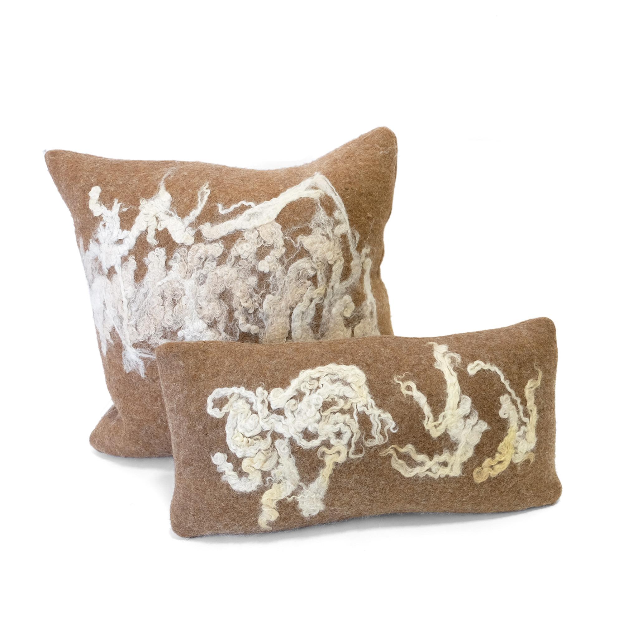 Organic Modern Felted Wool Pillow Set - 3 Hand-felted JG SWITZER pillows in Brown For Sale