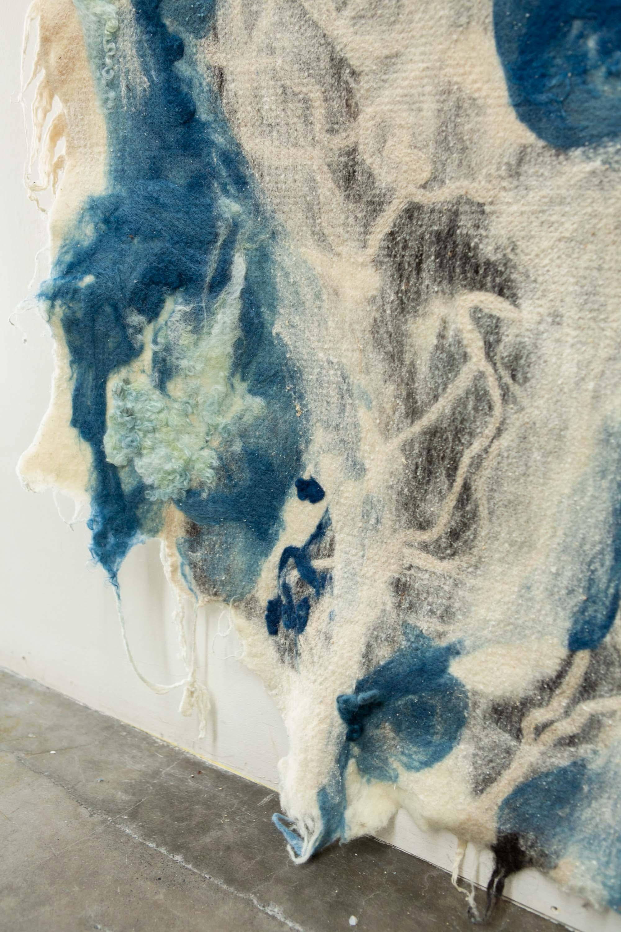 American Felted Wool Wall Art by JG Switzer, Indigo Raw Dyed Wool with Seaweed & Silk
