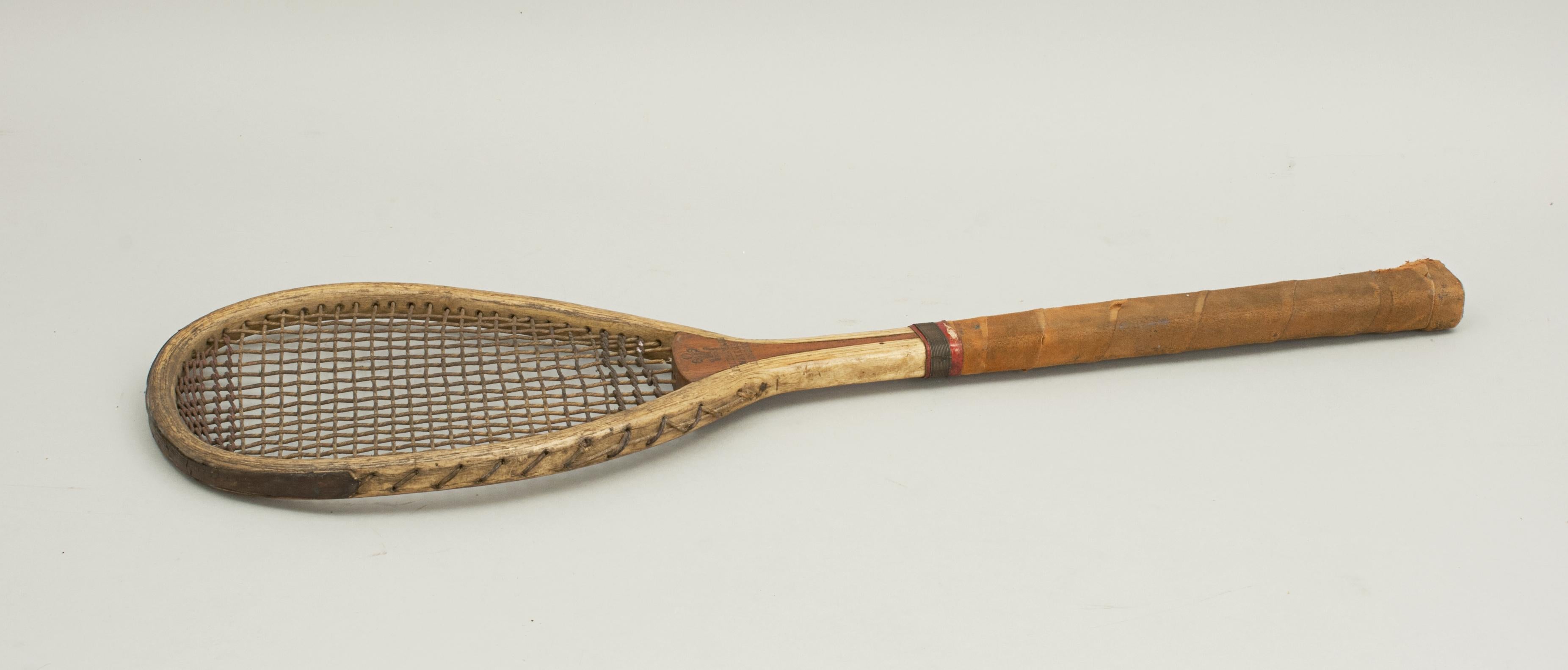 Antique lopsided Feltham Lawn tennis racket, 'The Alexandra'.
A rare, early lopsided (tilt head or teardrop shape) lawn tennis racquet in good original condition by Feltham of London. The racket is light in weight as the early rackets were and is
