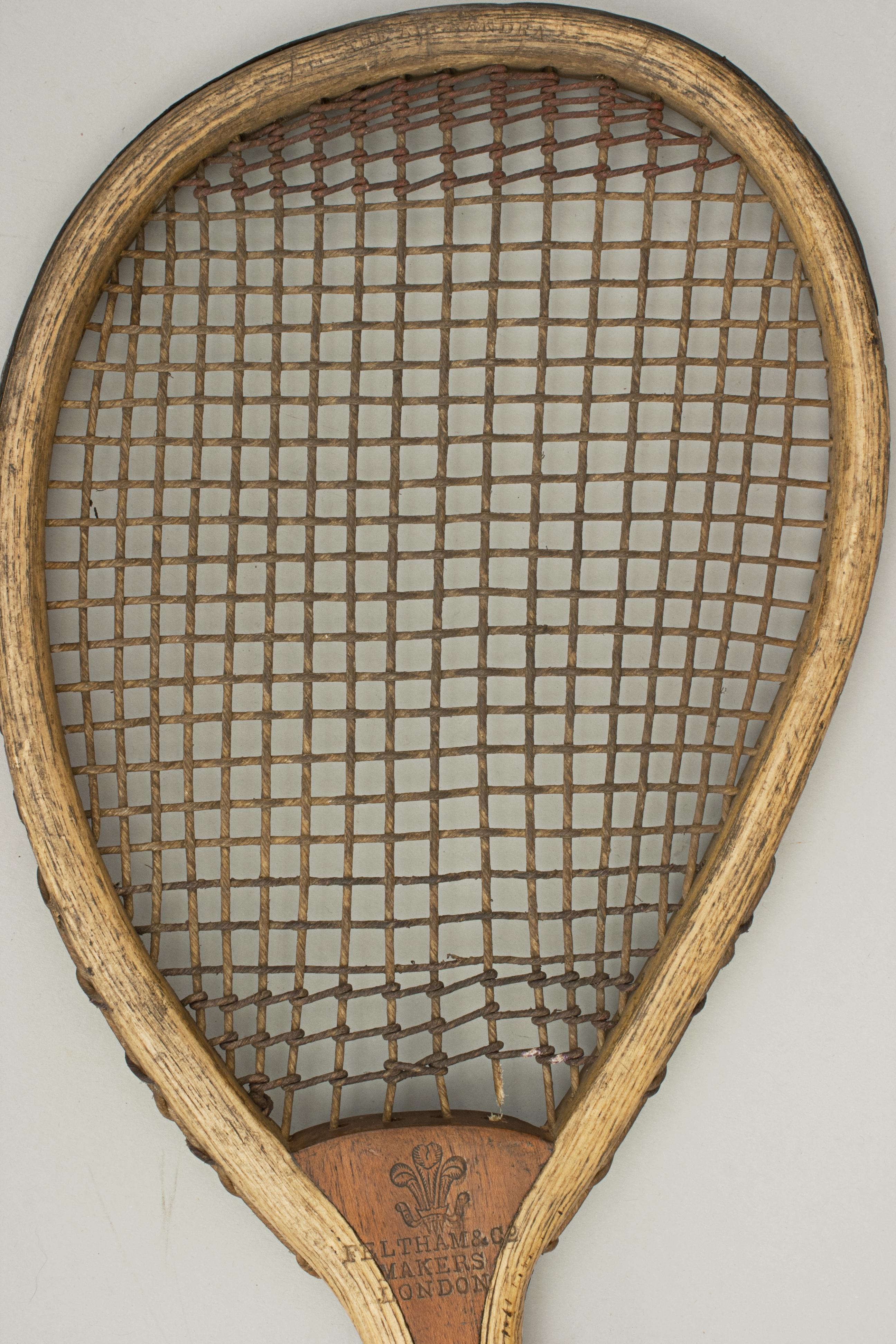English Feltham Lawn Tennis Racket, Lop Sided, Tear Drop Shape, Antique and Very Rare