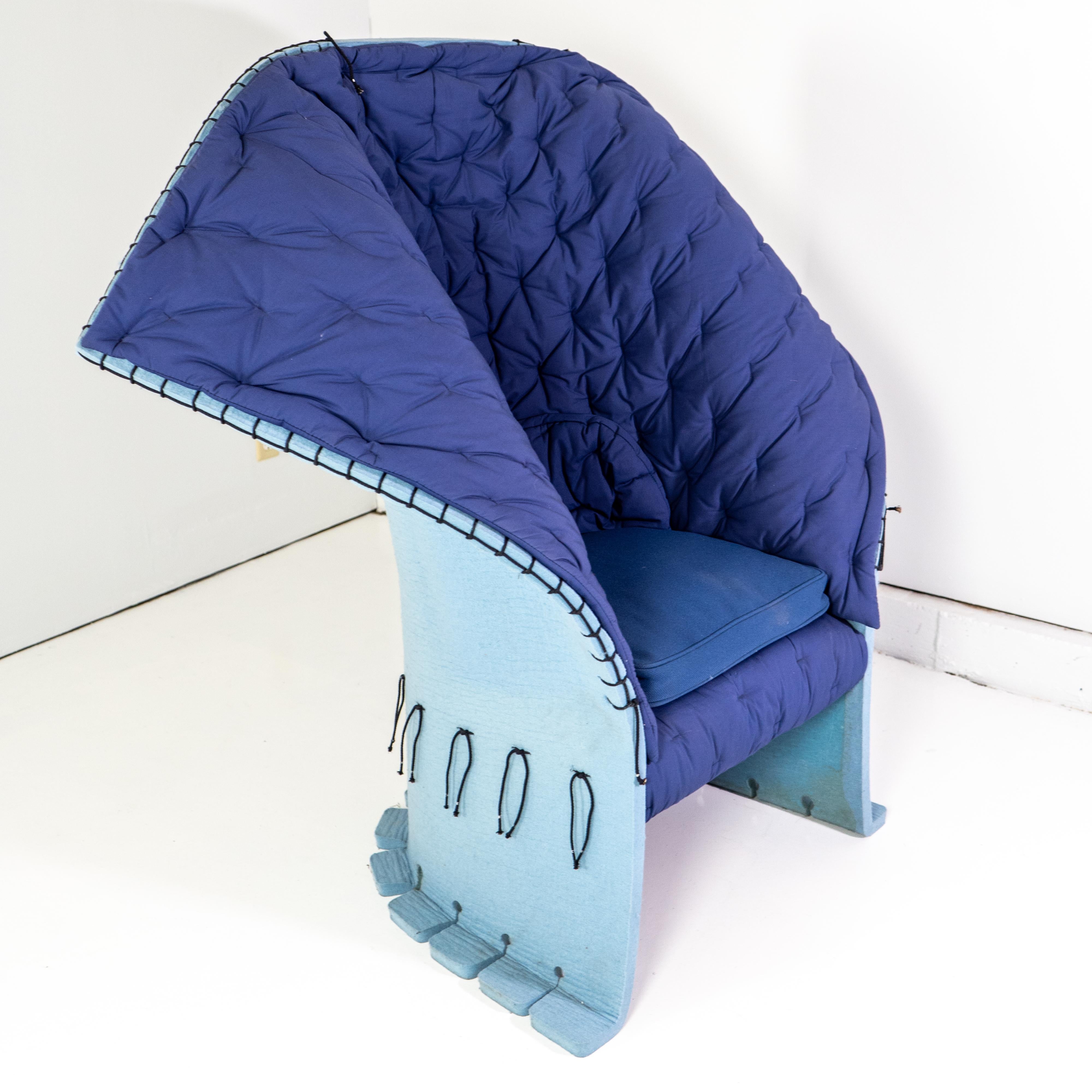 Resin-covered felt with quilted cushions. Hard, solid seat with a pliable back. Pesce conceived the idea for the Feltri while walking in the rain and noticing a patch of felt soaking up the water in the street.