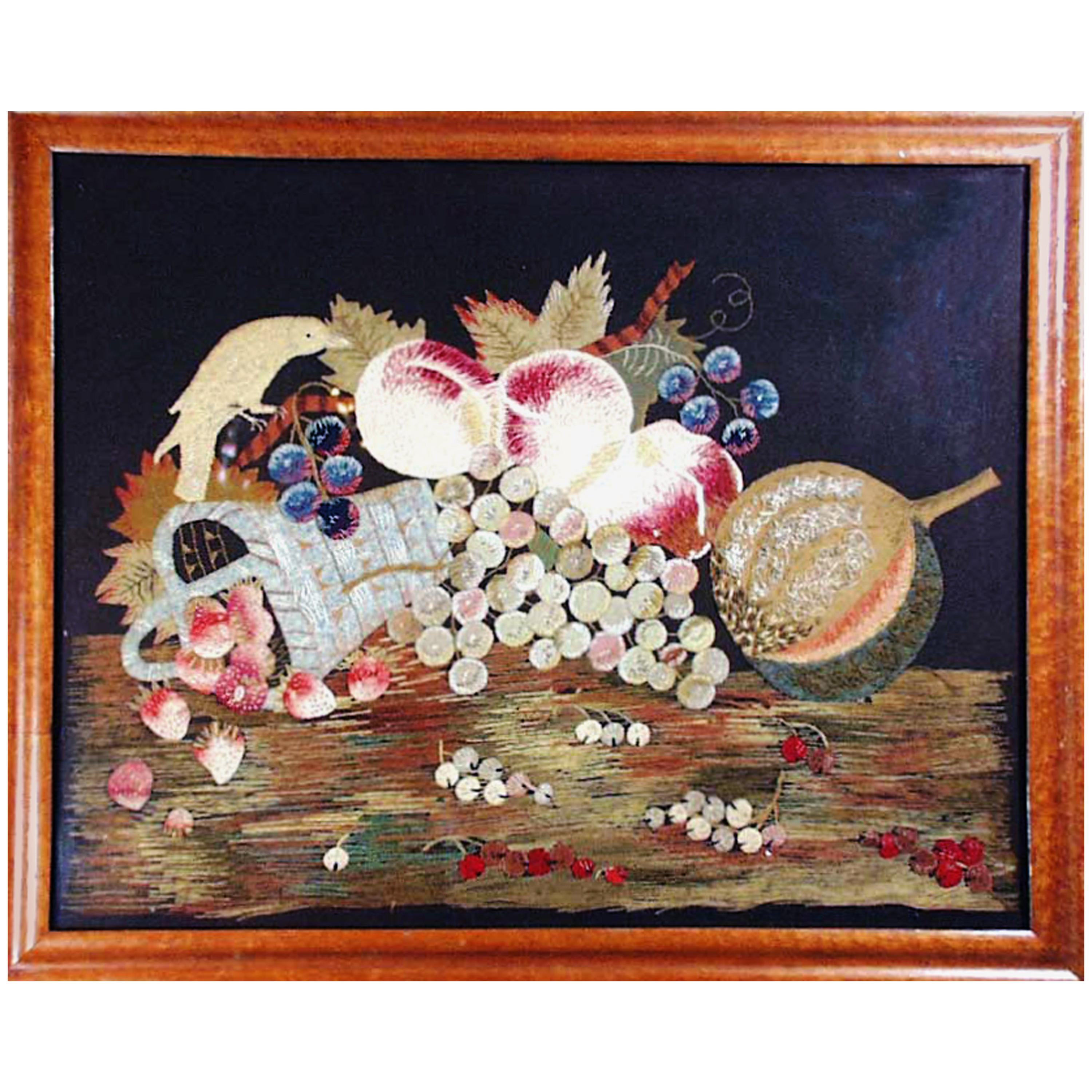 Feltwork Still Life Applique of Fruit and Parrot, English, circa 1850