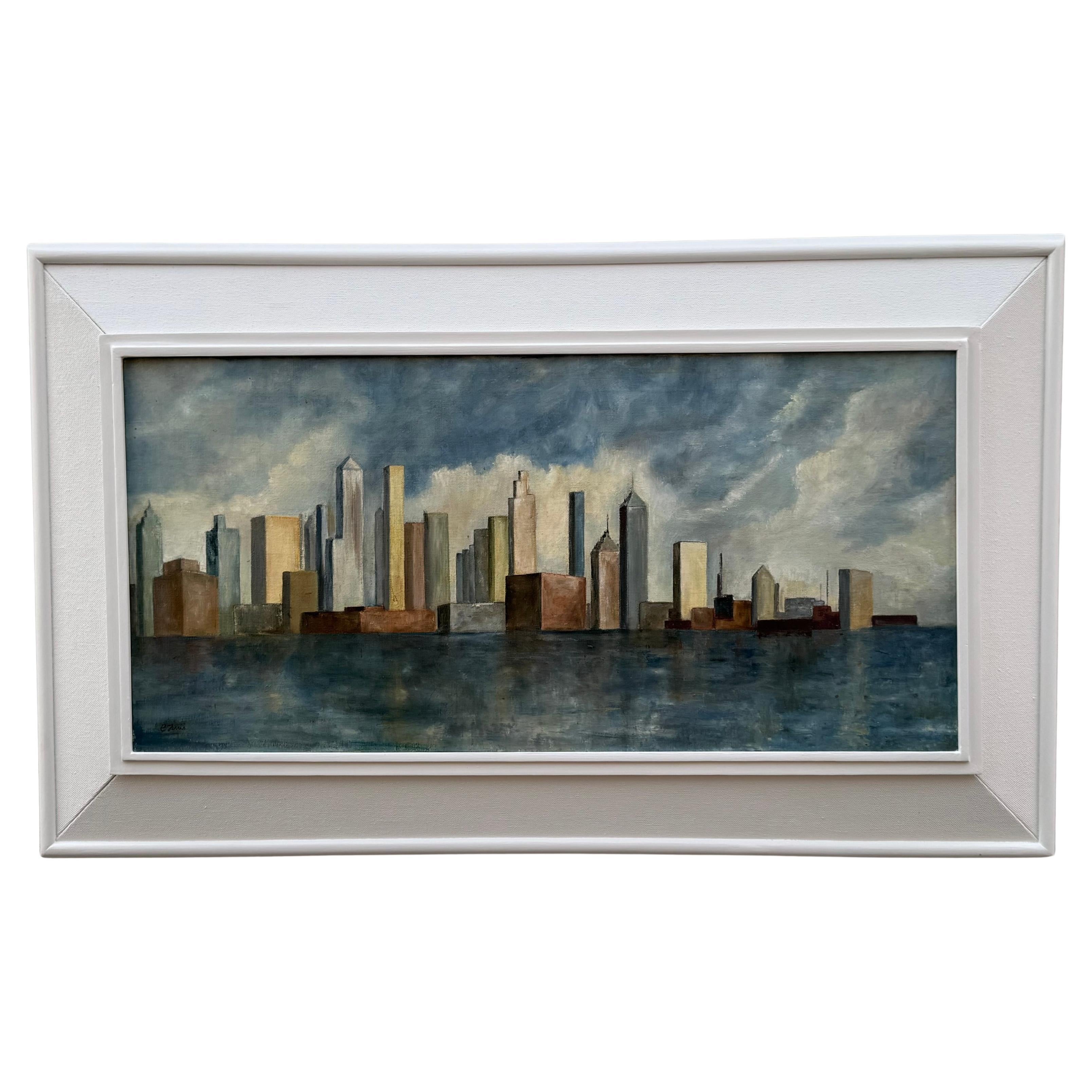 Huile et toile de l
artiste féminine Edythe Ferris des années 1940 "New York City Manhattan Skyline". en vente