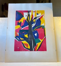 Female Artist Helle Thorborg Abstract Lithograph in Colors, 1960s