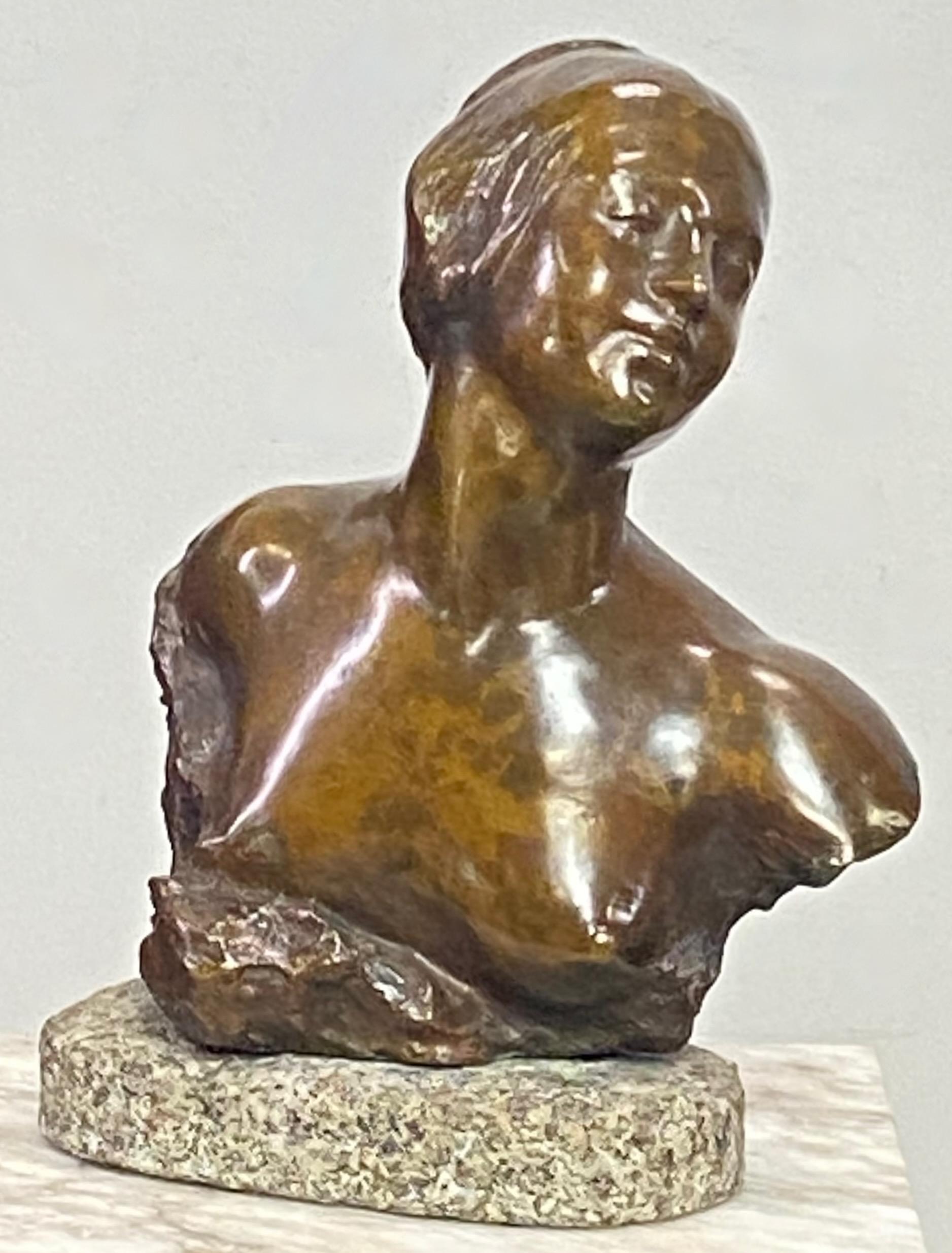 Bronze figural bust of a young woman with a serene expression and stylized hair mounted on a coarse carved oval gray granite block. Bronze is signed lower right. 
Felix Soules (b.1857 - d.1904) is known for Sculpture.
France, 19th Century.