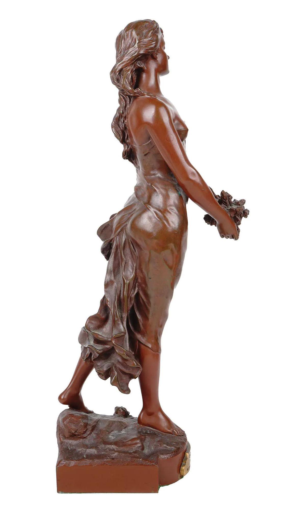 Patinated Female Bronze Figurine After Edouard Drouot  For Sale