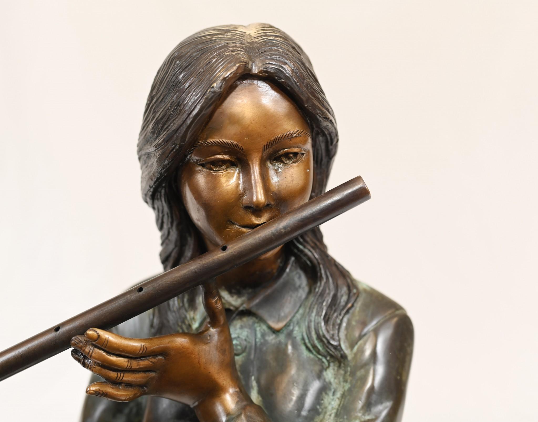 Late 20th Century Female Bronze Flute Player Statue Seated Girl Casting