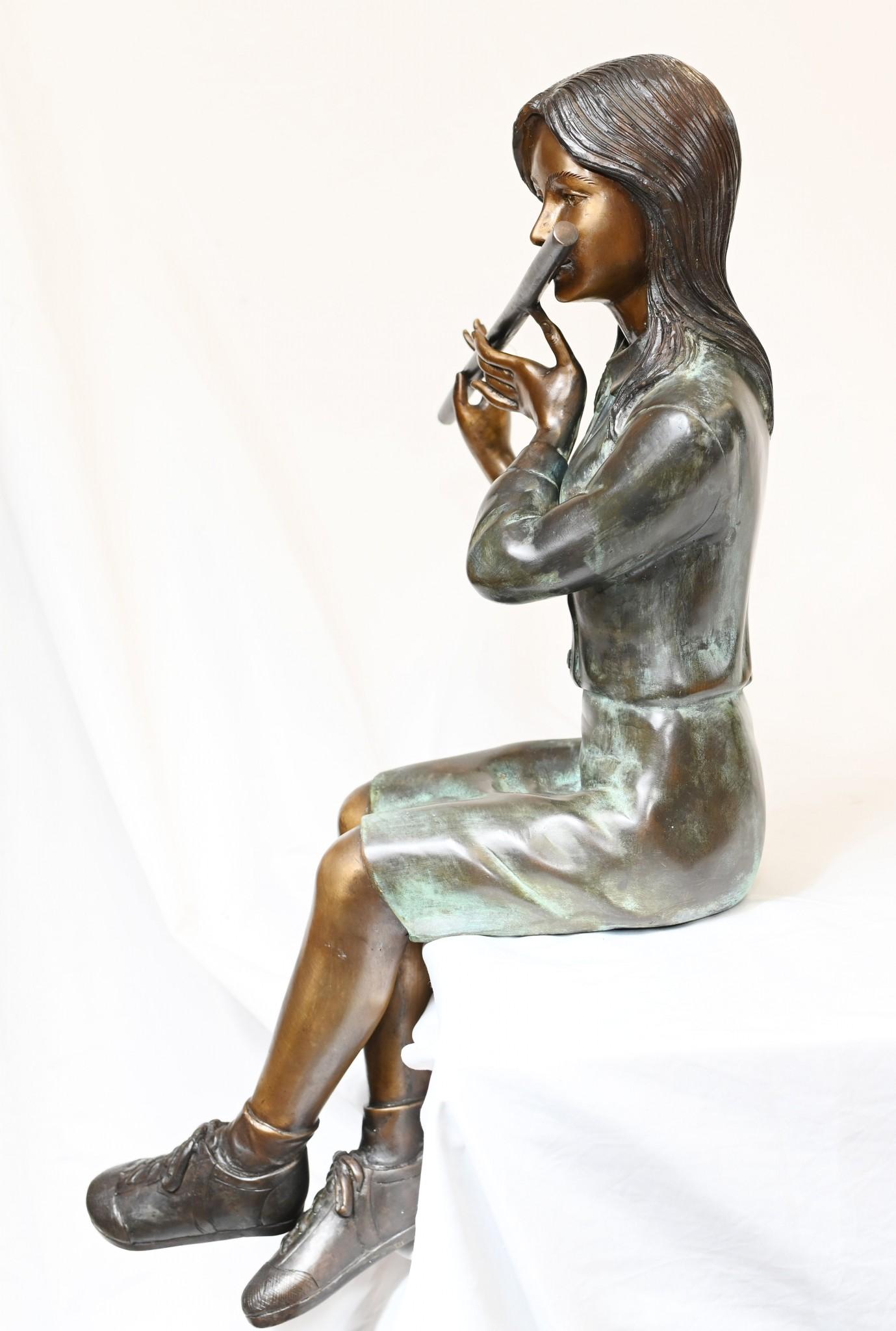 Female Bronze Flute Player Statue Seated Girl Casting 1