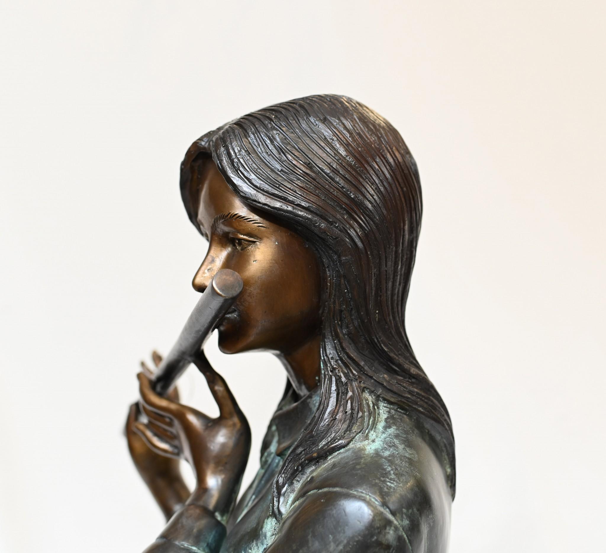 Female Bronze Flute Player Statue Seated Girl Casting 2