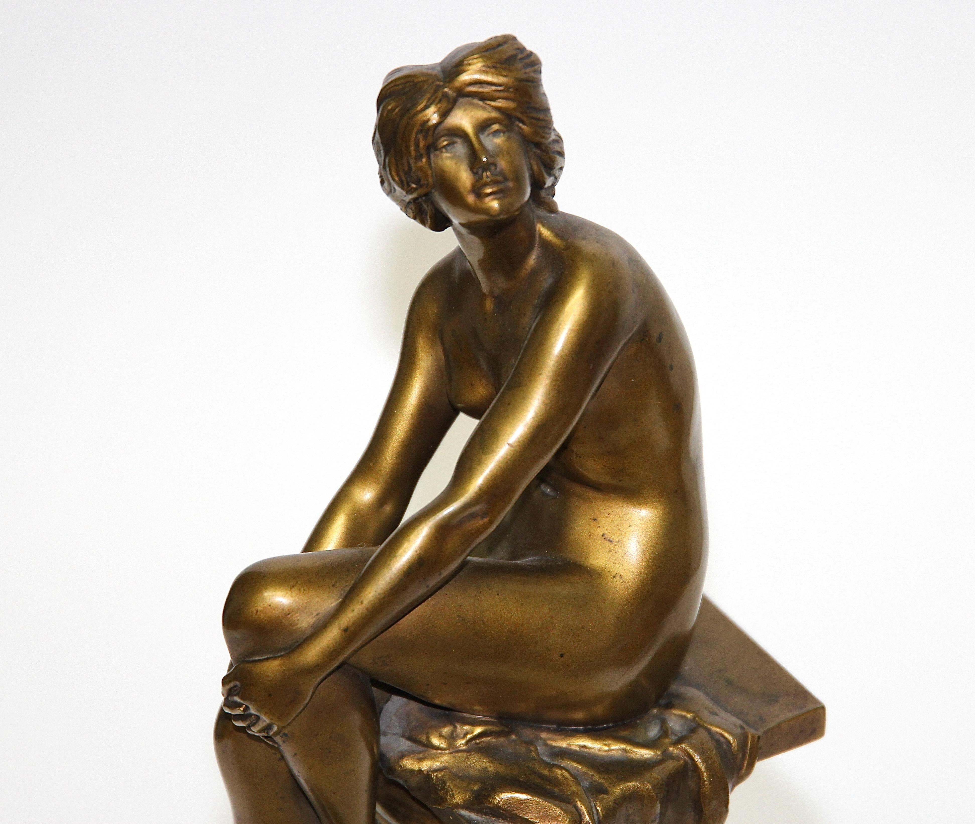 Art Nouveau Female Bronze Woman Nude, Sitting Beauty, by Rudolf Marcuse For Sale