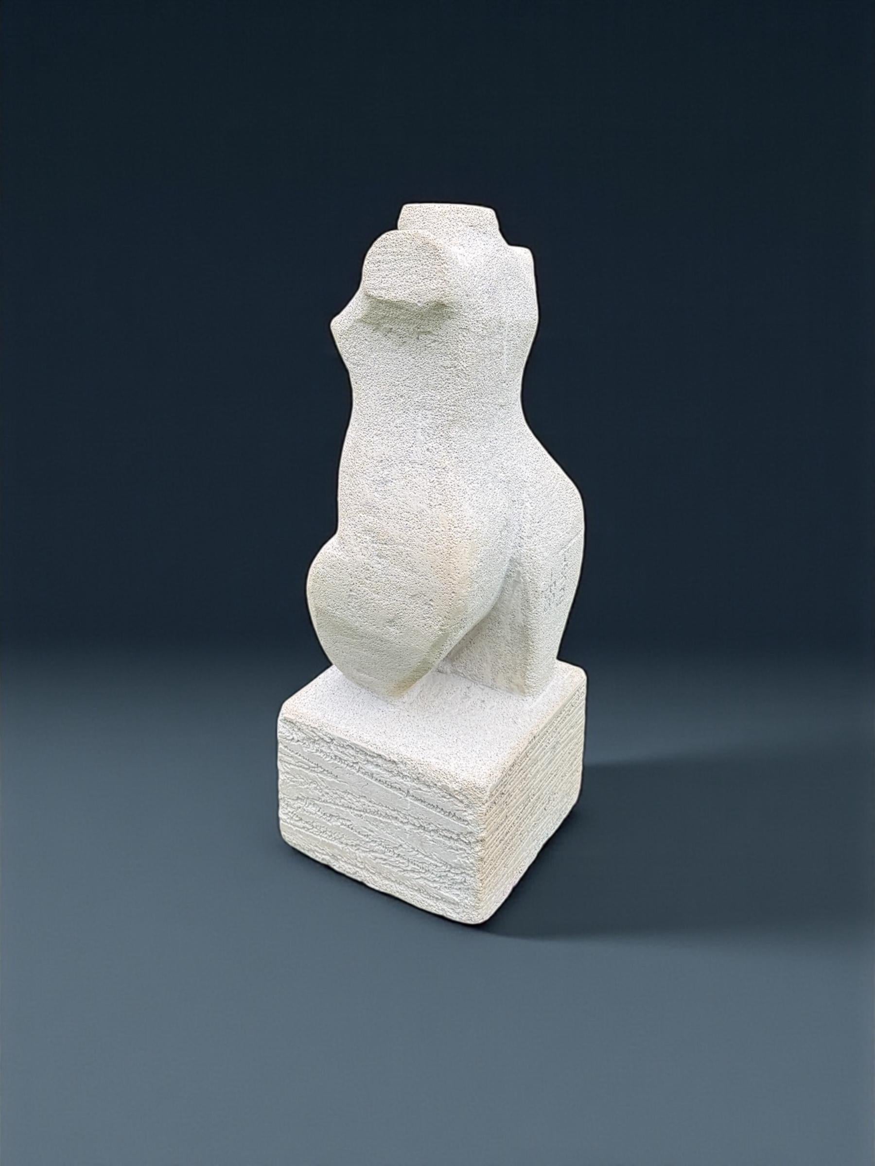 Artist unknown, this brutalist aerated concrete figure sculpture is minimalist in concept and aesthetics. Simple in choice of material and inception. Signed Henry 88 on the back of plinth.