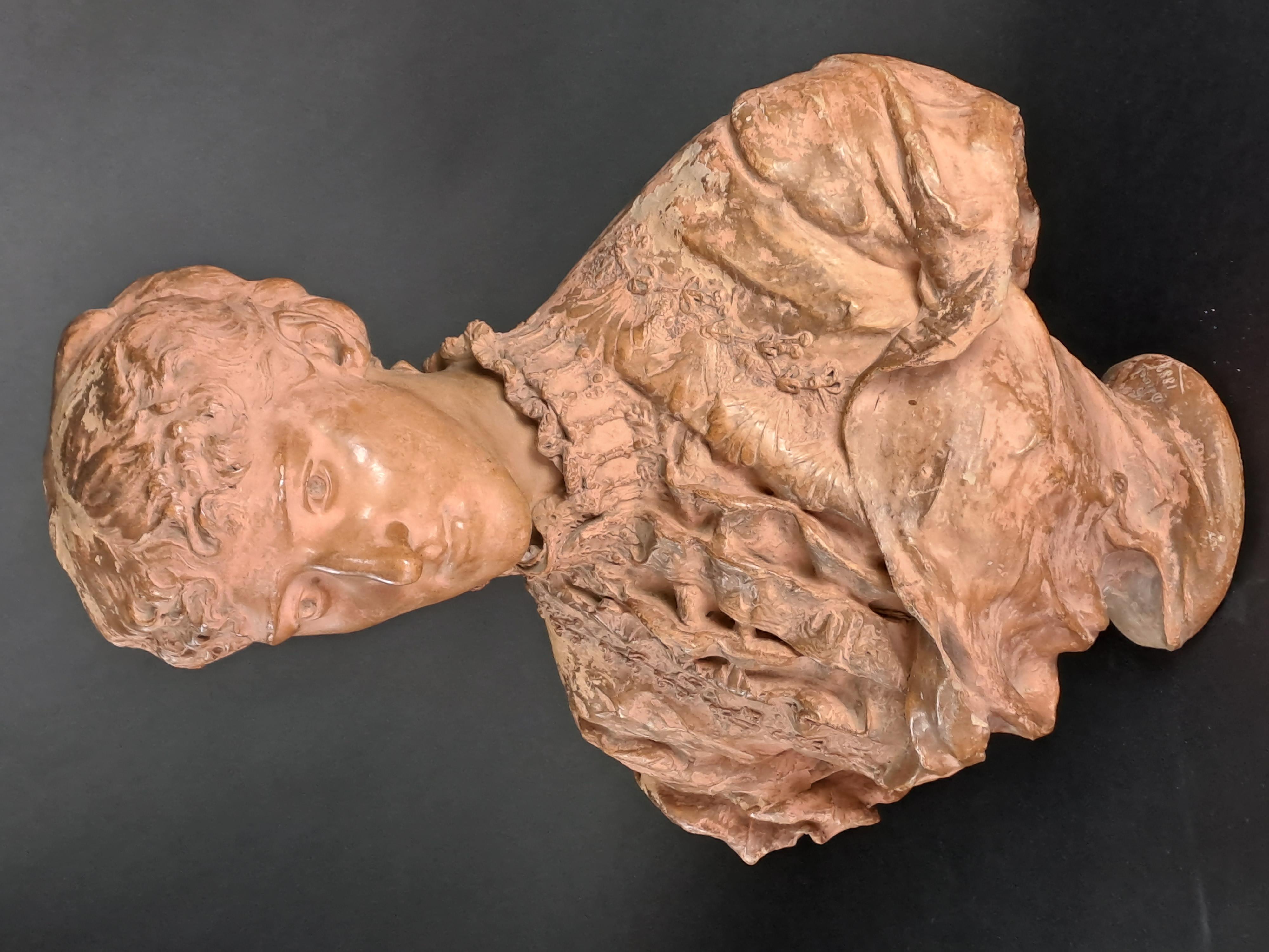 19th Century Female Bust In Terracotta Signed Denys Puech For Sale