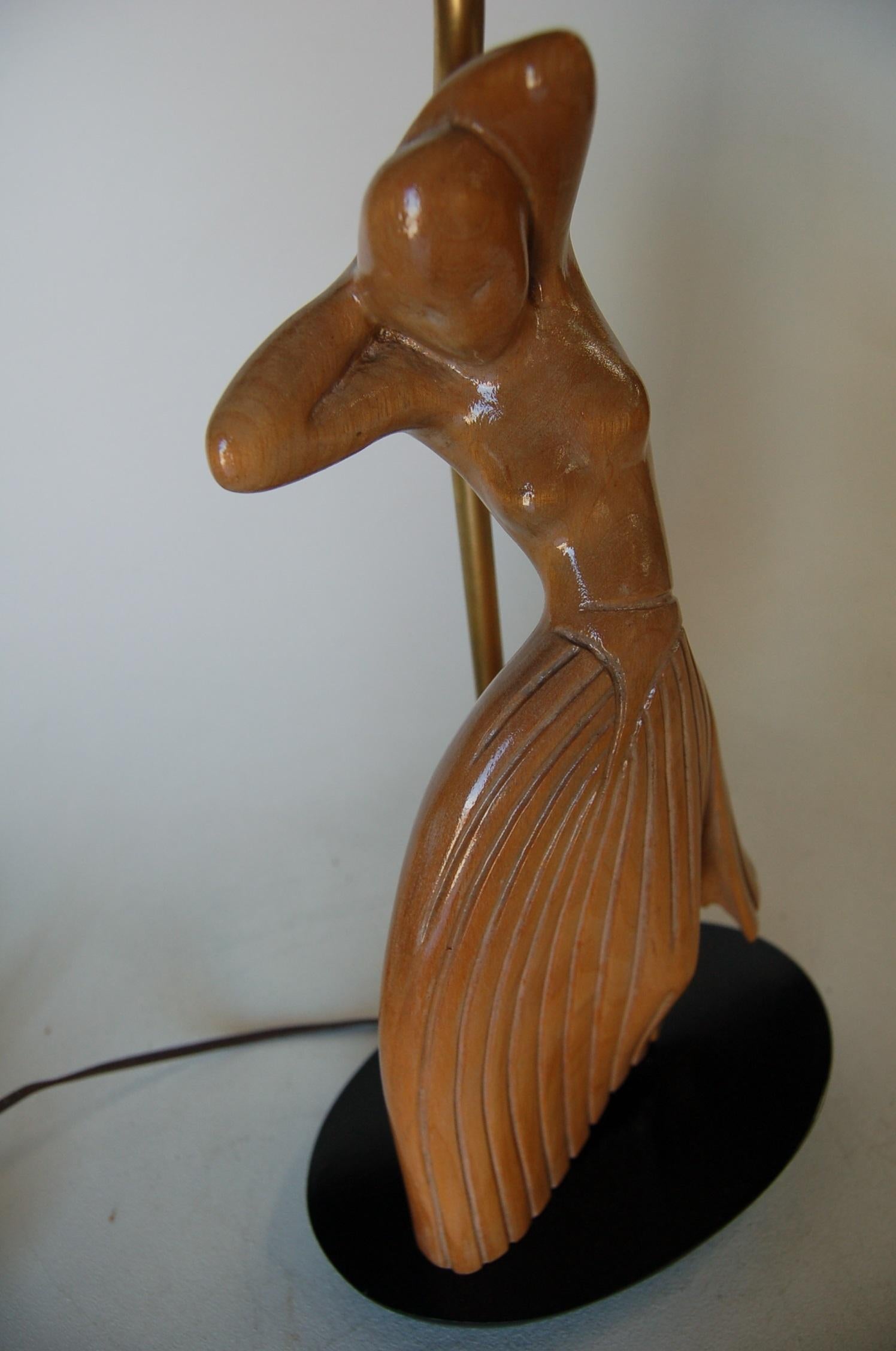Female Figural Dancer Carved Oak Table Lamp in the Style of Jascha Heifetz For Sale 1
