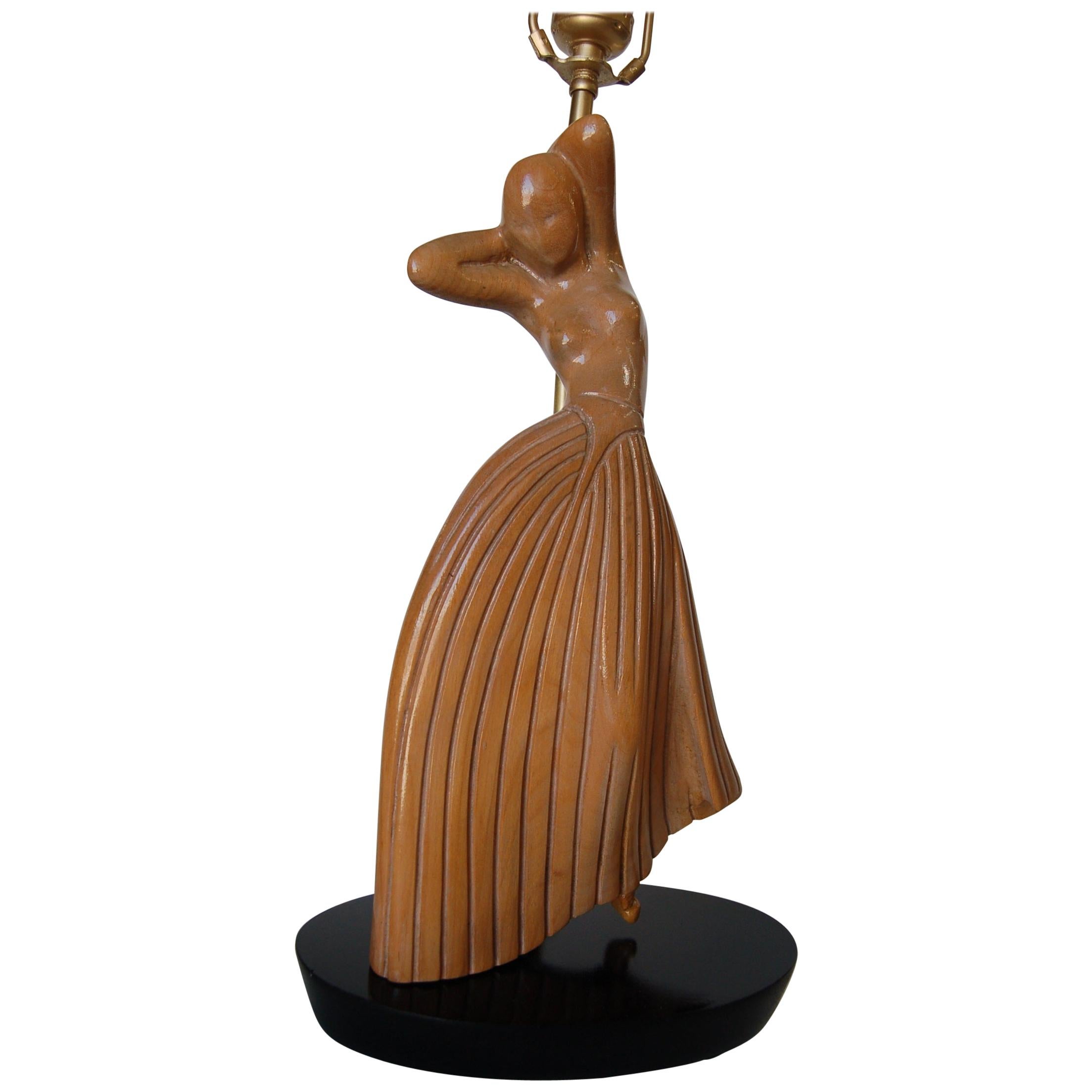 Female Figural Dancer Carved Oak Table Lamp in the Style of Jascha Heifetz For Sale