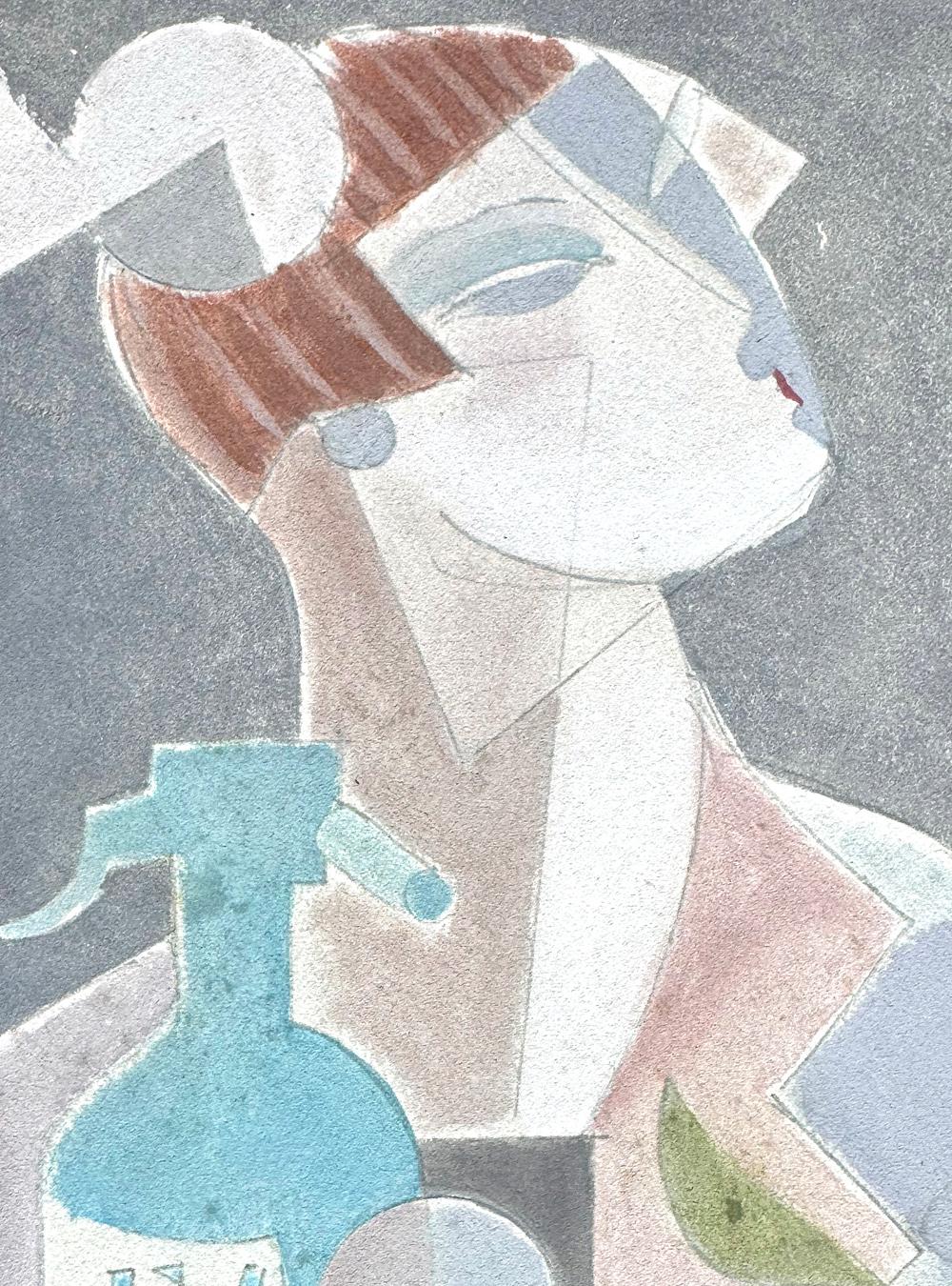 This classic, striking example of Art Deco painting, highly influenced by Cubism, depicts a fashionable woman expressed in tones of purplish blue and taupe, her head raised upwards, accompanied by the elements of a modern bar, including a soda