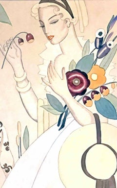 "Female Figure with Bouquet", Art Deco Watercolor Painting by Alice Szegedy