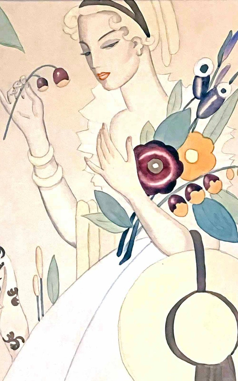 "Female Figure with Bouquet", Art Deco Watercolor Painting by Alice