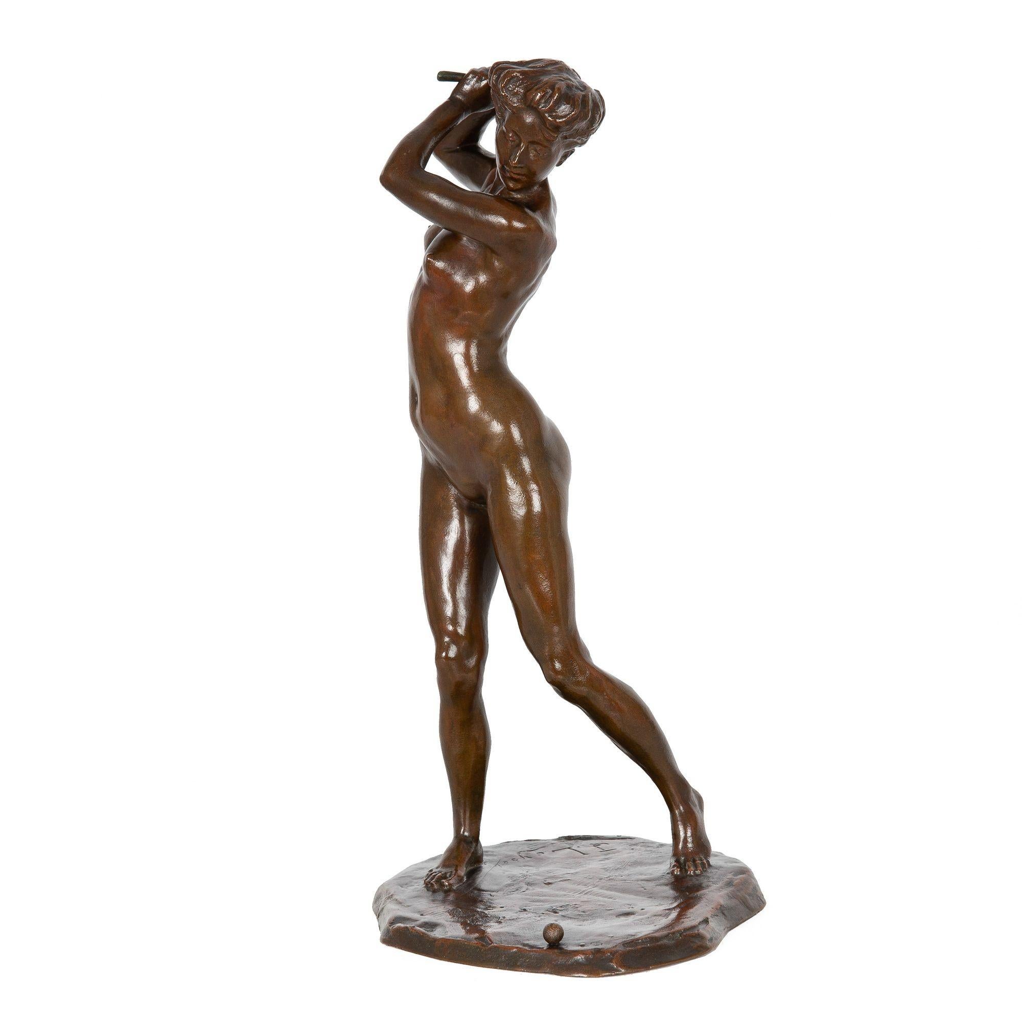 An exquisite modeling of nude female golfer, this very fine study was executed using the lost-wax method by the foundry of A. Bingen et Costenoble, a Parisian founder renowned for their cire purdue castings and perhaps best known for their castings