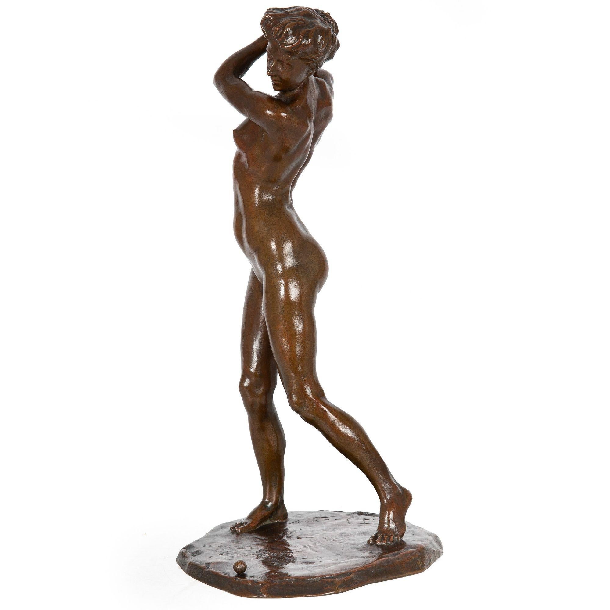 Art Nouveau “Female Golfer” '1909' French Antique Bronze Sculpture by Jacques Loysel