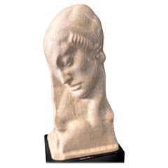 "Female Head with Cap", Highly Rare Art Deco Sculpture with Craquelure Glaze