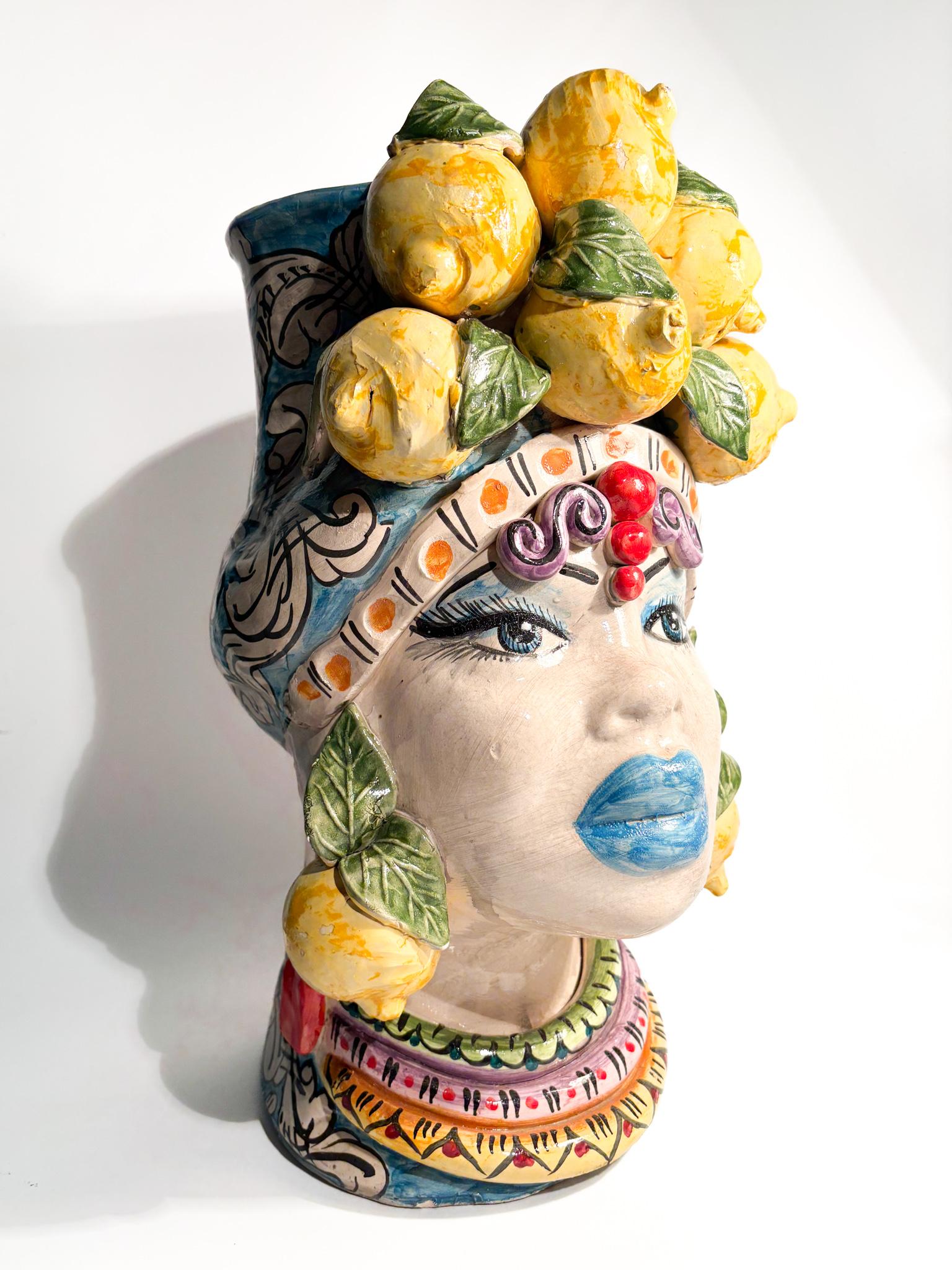 Italian Female Moor's Head from Caltagirone by Ceramiche Germano from the 1990s For Sale