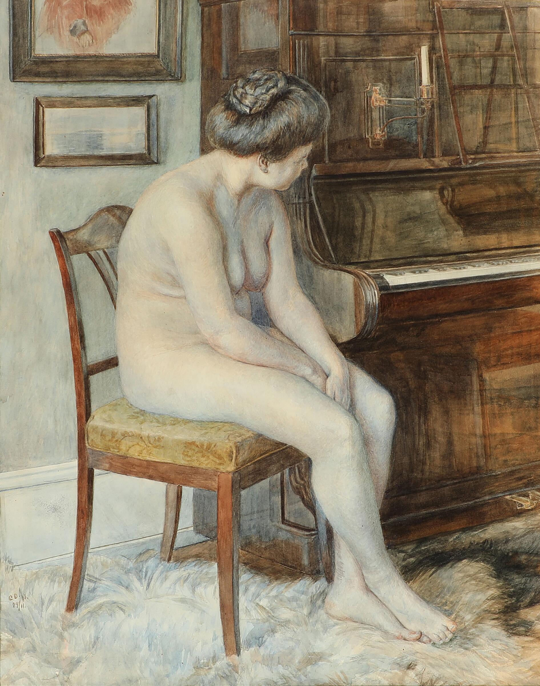 Interior with a female nude. Signed and dated C. D. 11/11/24 Watercolour and pencil on paper. Measures: 66 × 52 cm. Exhibited: Charlottenborg 1912 no. 139.

Christine Elisabeth Lund was trained by the painter of landscapes, Frederik Rohde, from