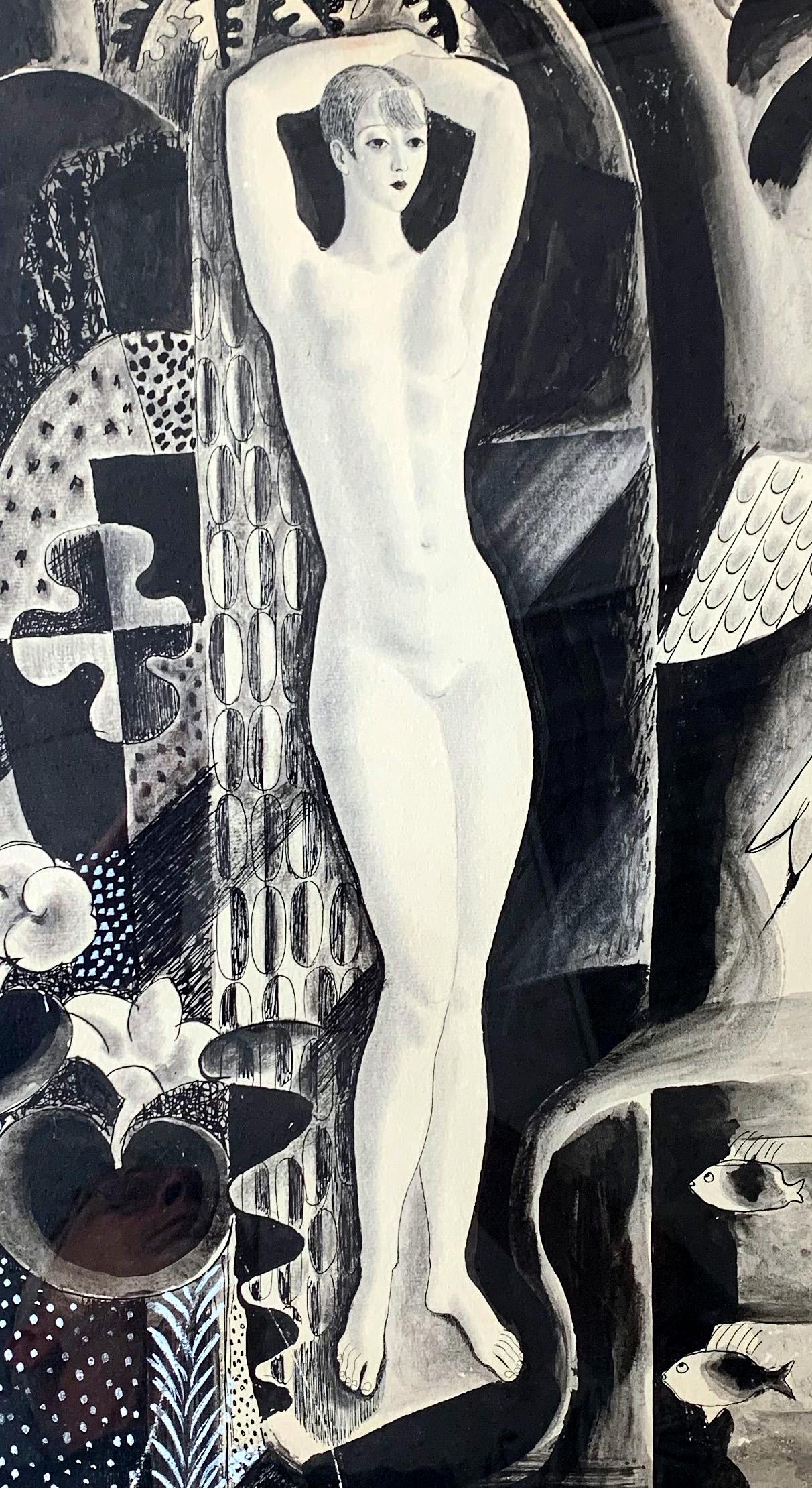 One of the finest artworks we have ever seen by famed Radio City Music Hall artist, Eduard Buk Ulreich, this ink and gouache drawing depicts a slender, statuesque female nude surrounded by a complex, Cubist network of trees, deer, fish and exotic
