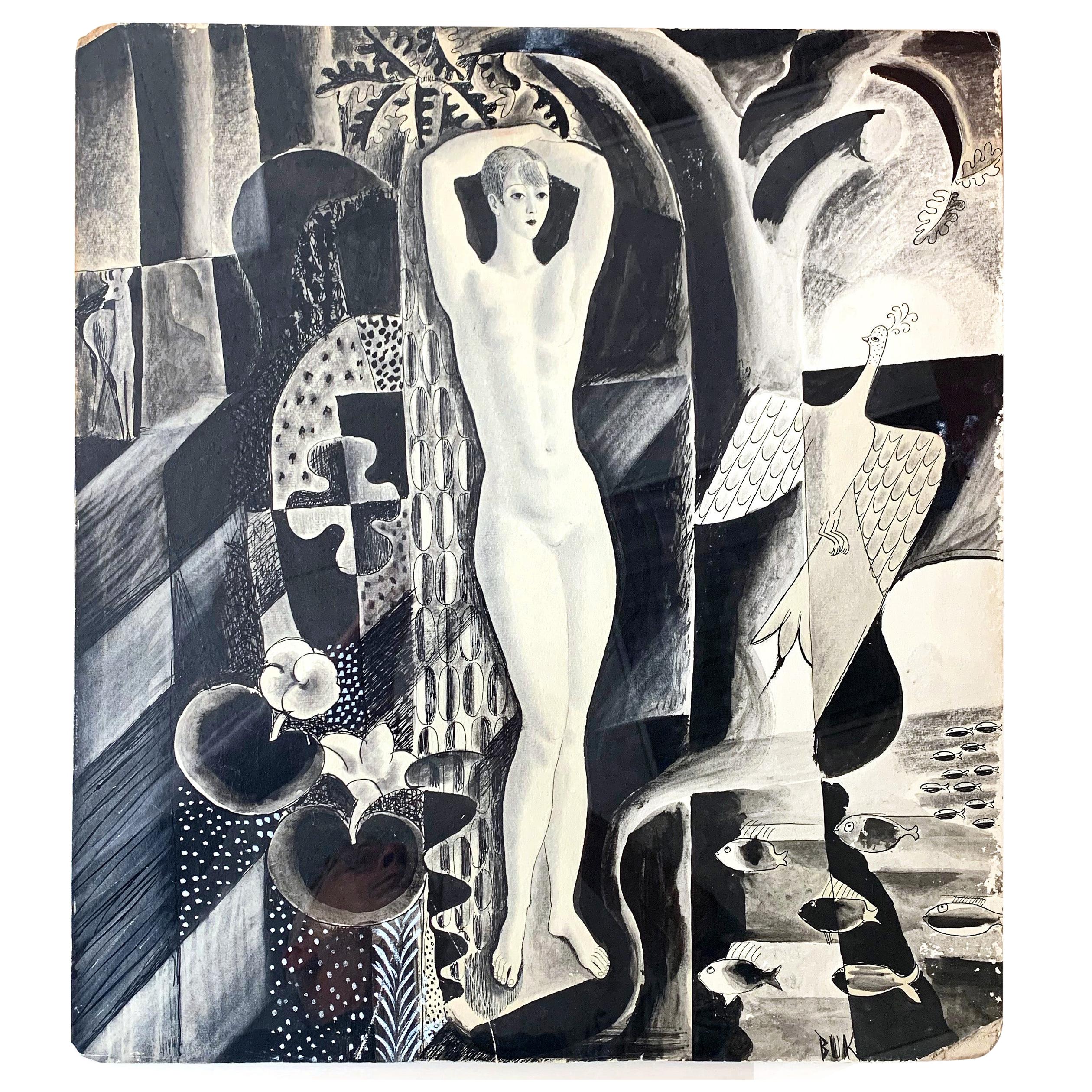 "Female Nude, Cubist Landscape, " Art Deco Drawing, Radio City Music Hall Artist