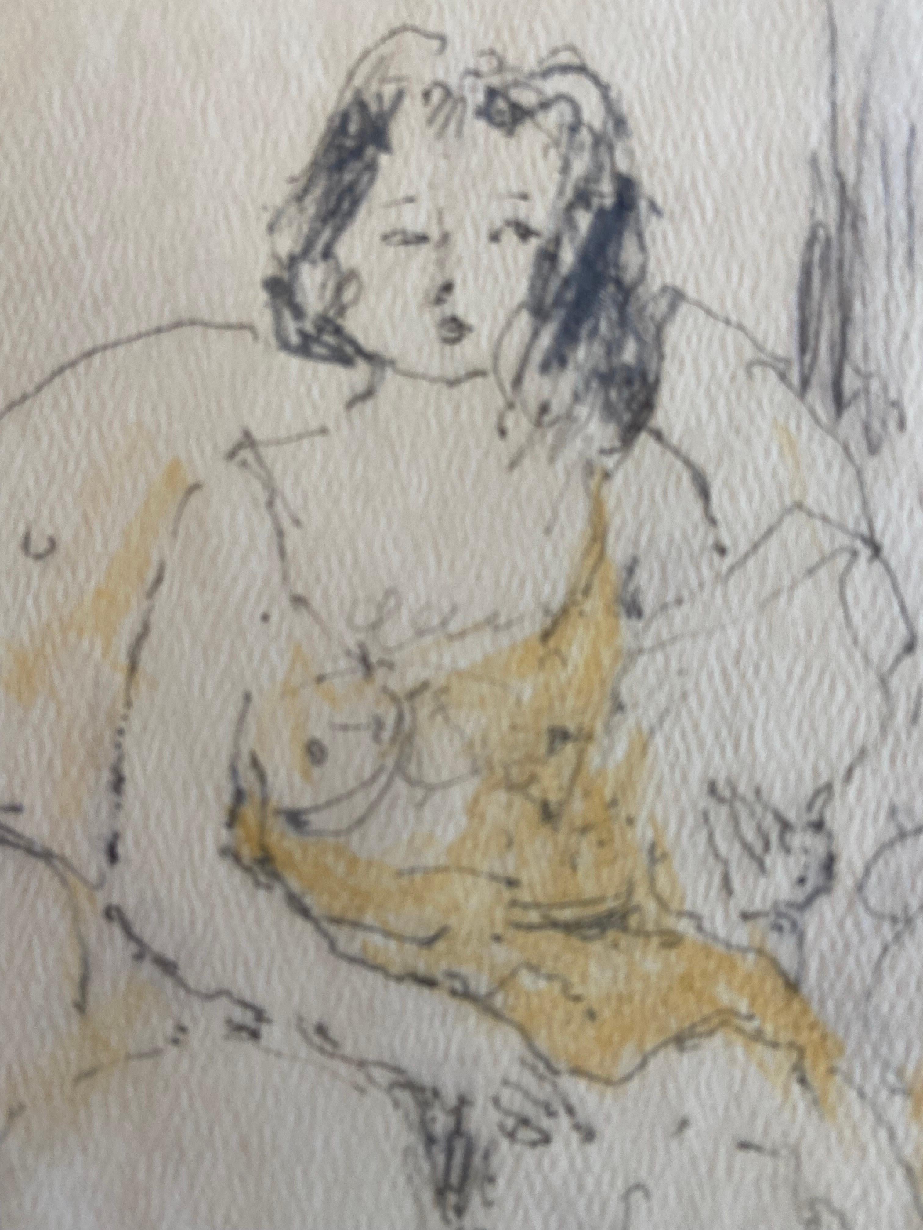 French Female Nude in an Armchair Signed by Jules Pascin Drawing in Watercolour  For Sale