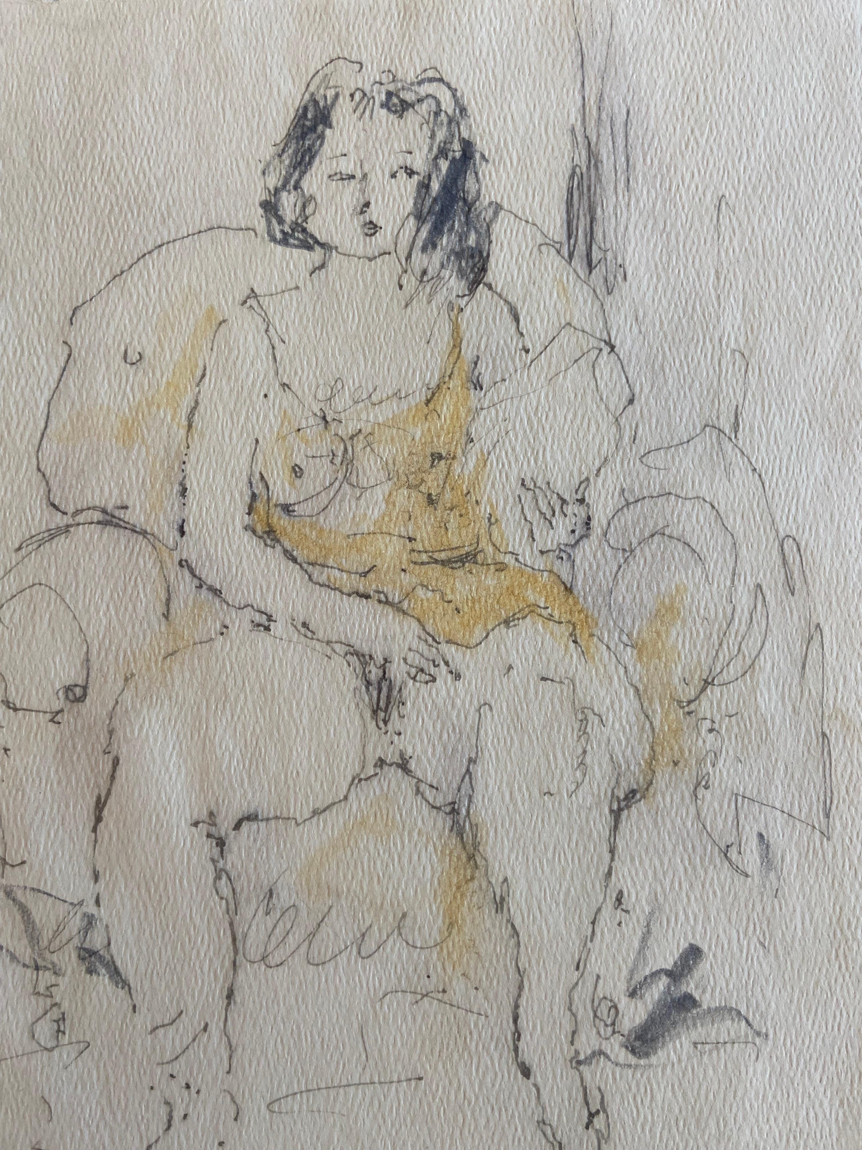 Female Nude in an Armchair Signed by Jules Pascin Drawing in Watercolour  In Good Condition For Sale In Sofia, BG