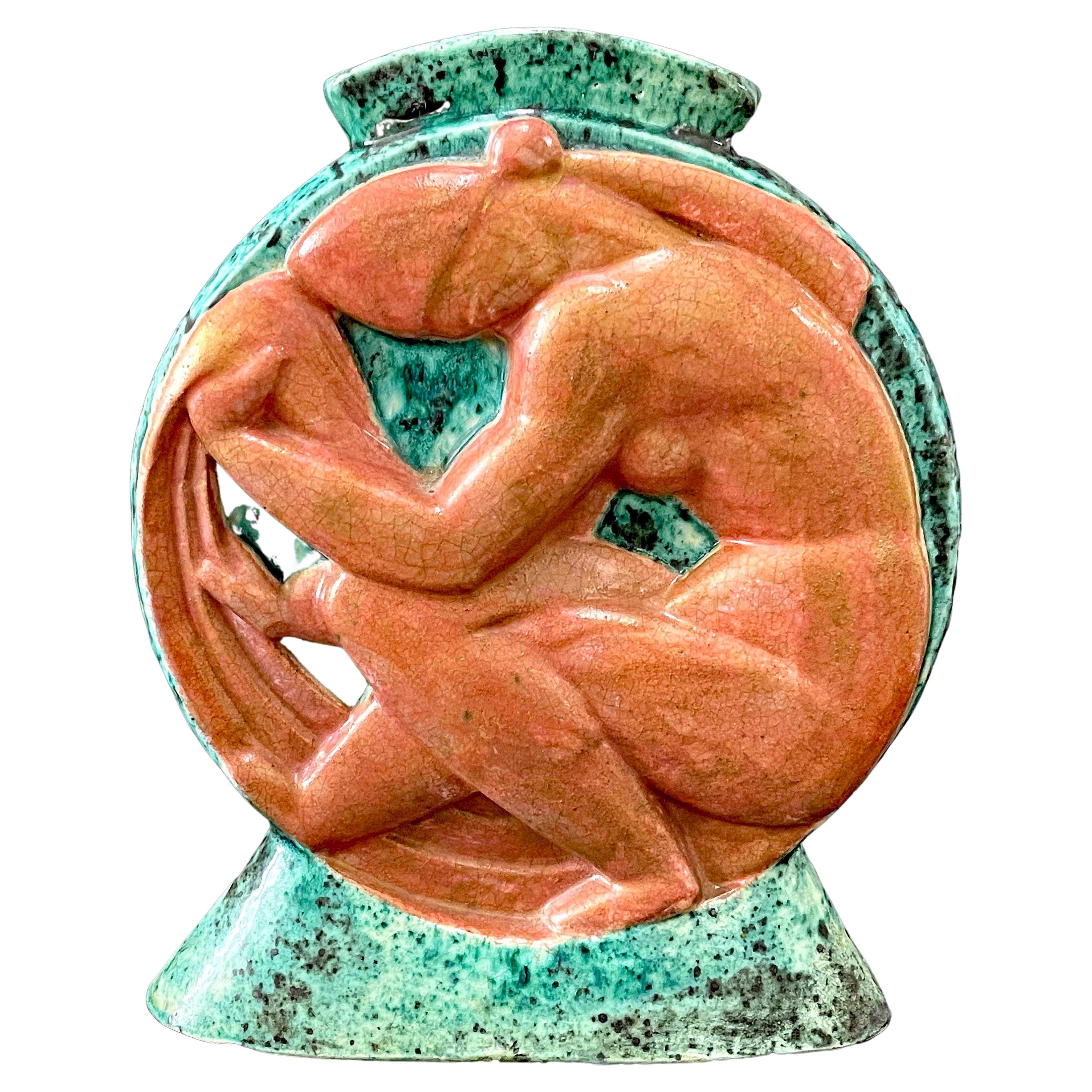 "Female Nude in Green and Terra Cotta", Bold, High Style Art Deco Vase by Cazaux For Sale