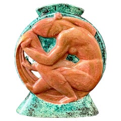 "Female Nude in Green and Terra Cotta", Bold, High Style Art Deco Vase by Cazaux