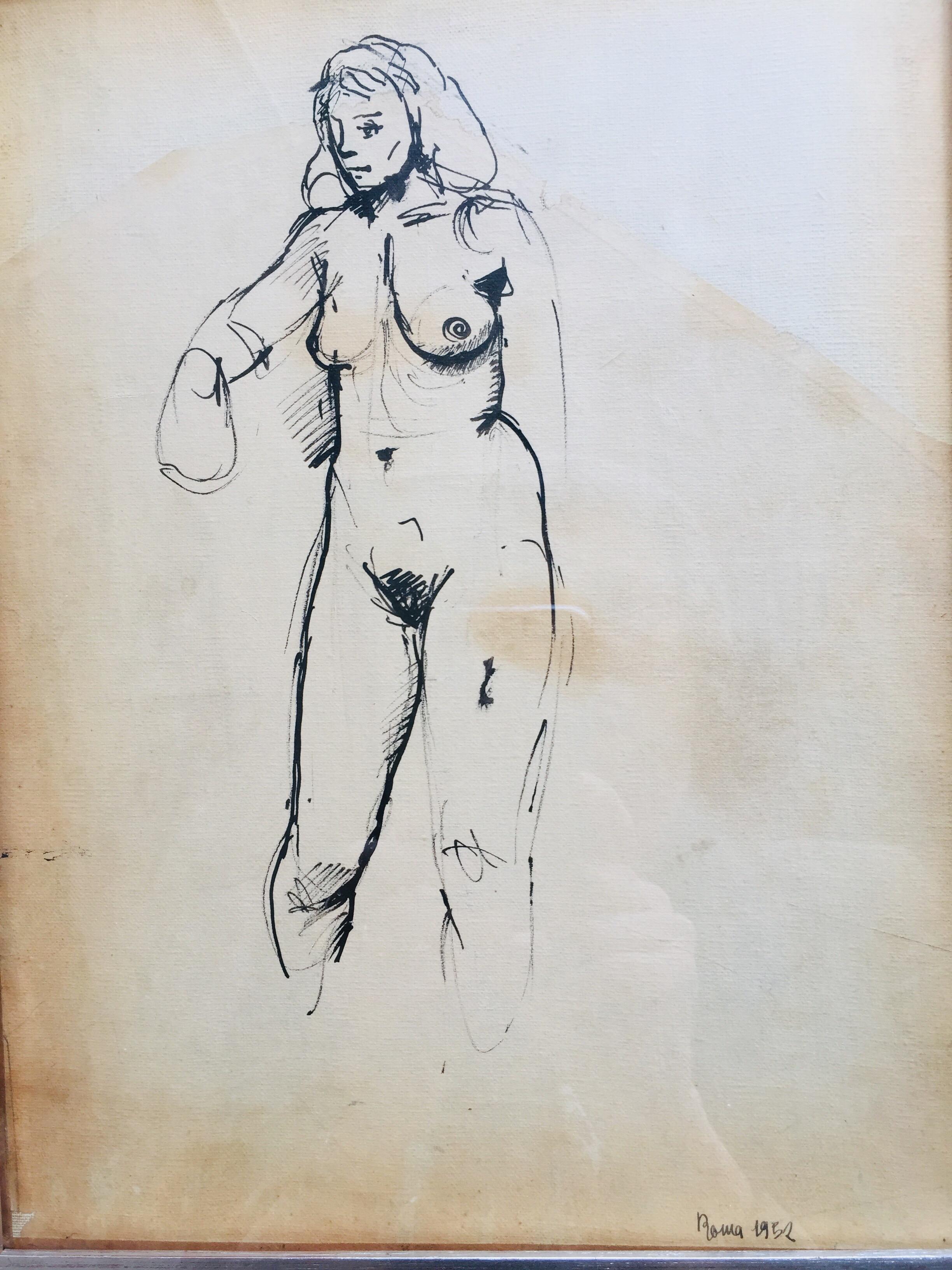 Standing female nude ink drawing, by the Italian artist Renato Guttuso (1911-1987), dated lower right Roma 1952, an original ink drawing on paper, dated lower right Roma 1952 depicting a standing nude female figure.

The drawing shows an old
