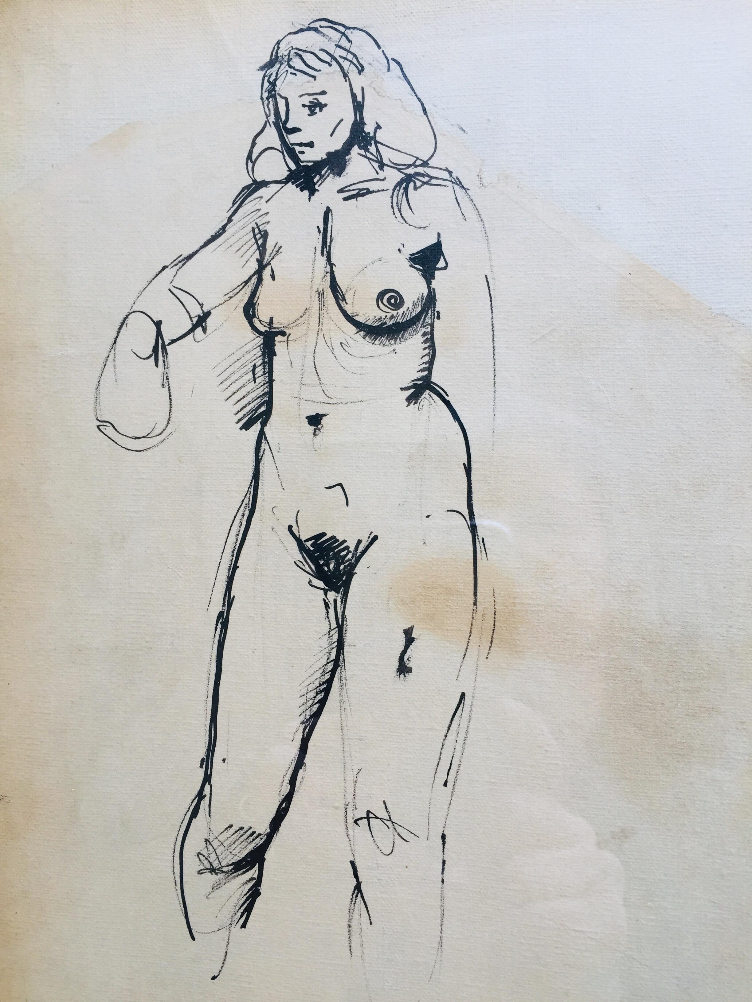 Female Nude Ink Drawing by The Italian Painter Renato Guttuso Roma 1952 In Good Condition In Milan, IT