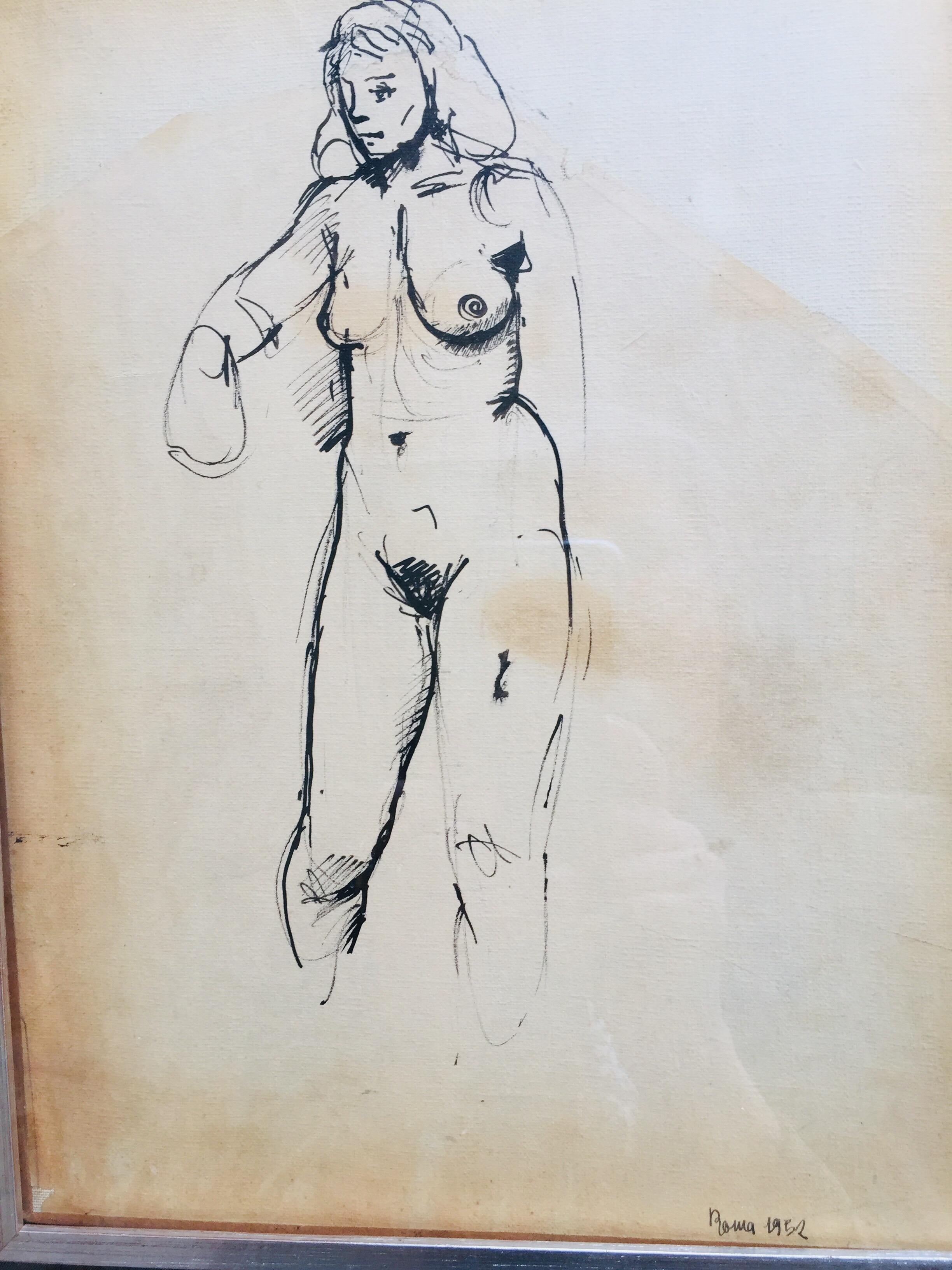 20th Century Female Nude Ink Drawing by The Italian Painter Renato Guttuso Roma 1952