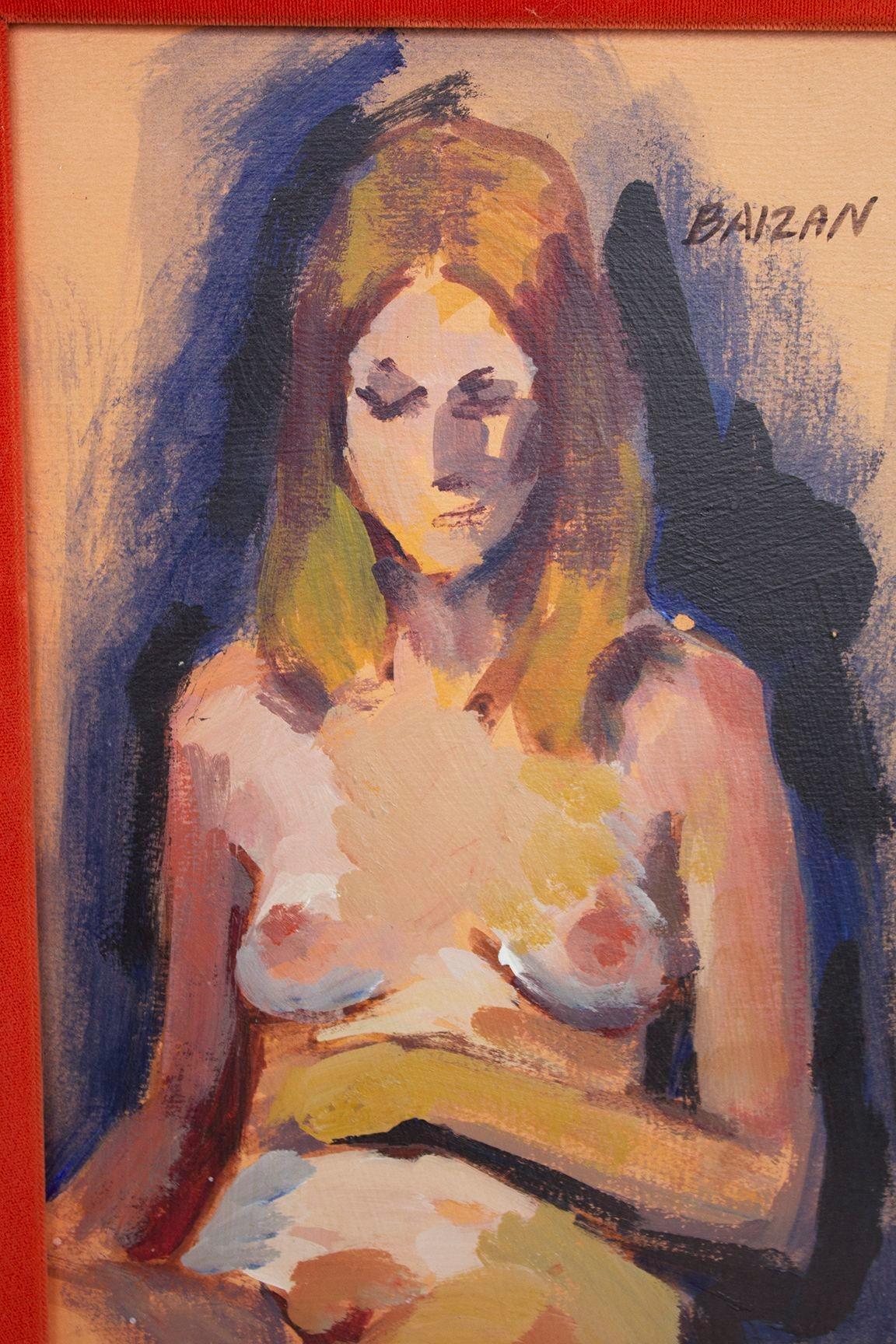 USA, 1970s
Female nude painting in bold colors on thick paper, gilt frame with a persimmon velvet matte. Signed 'Baizan'. Reverse has a label from Galleria Luisa, a now closed local gallery in town. 
Condition notes: In very good vintage condition